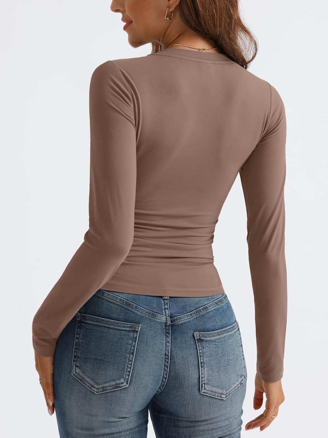 Women Long Sleeve Shirts Fashion V Neck Basics Crop Layering Slim Fitted Tops