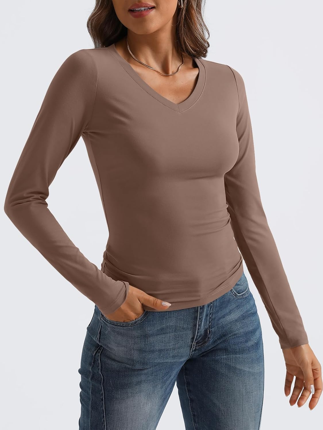 Women Long Sleeve Shirts Fashion V Neck Basics Crop Layering Slim Fitted Tops