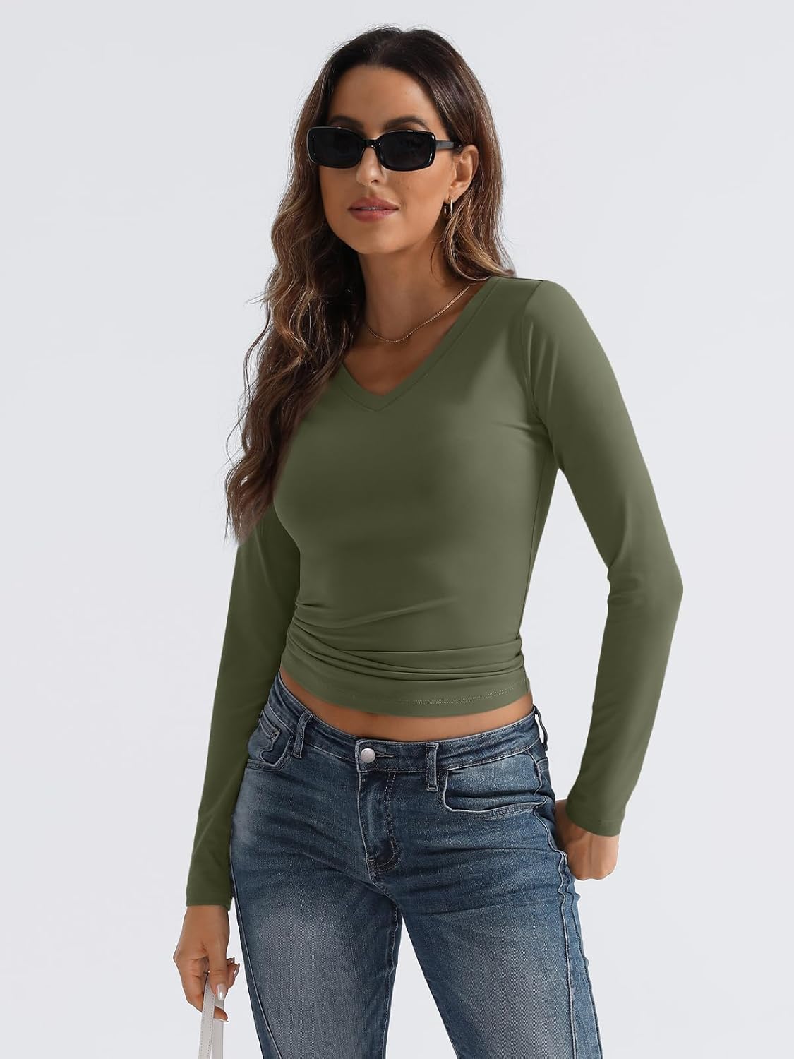 Women Long Sleeve Shirts Fashion V Neck Basics Crop Layering Slim Fitted Tops