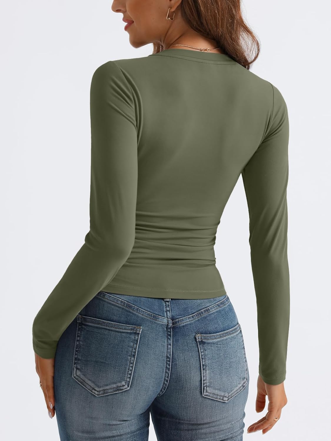 Women Long Sleeve Shirts Fashion V Neck Basics Crop Layering Slim Fitted Tops