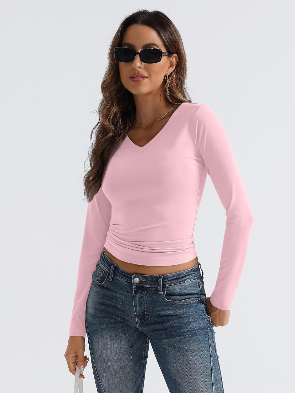 Women Long Sleeve Shirts Fashion V Neck Basics Crop Layering Slim Fitted Tops