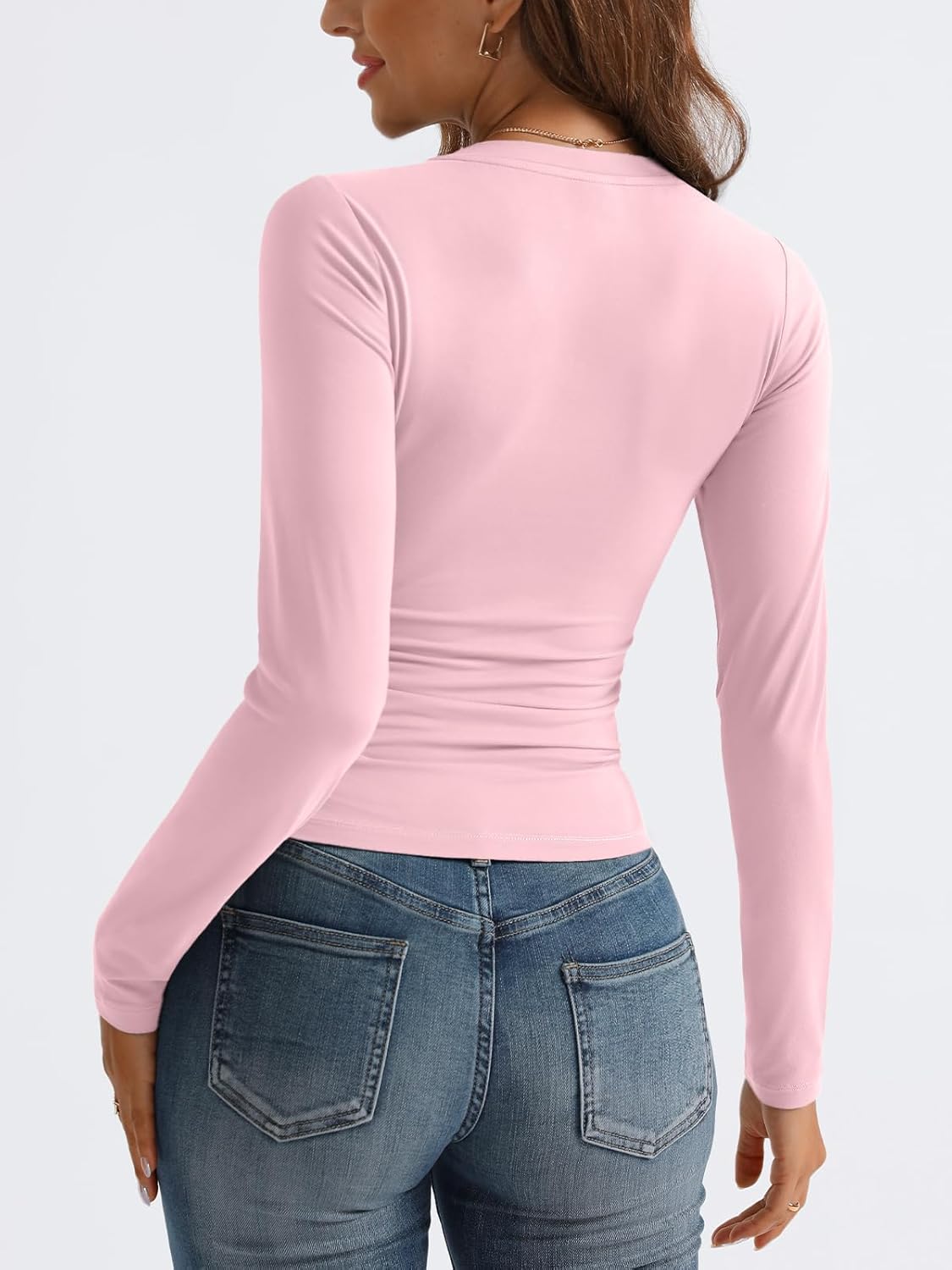 Women Long Sleeve Shirts Fashion V Neck Basics Crop Layering Slim Fitted Tops