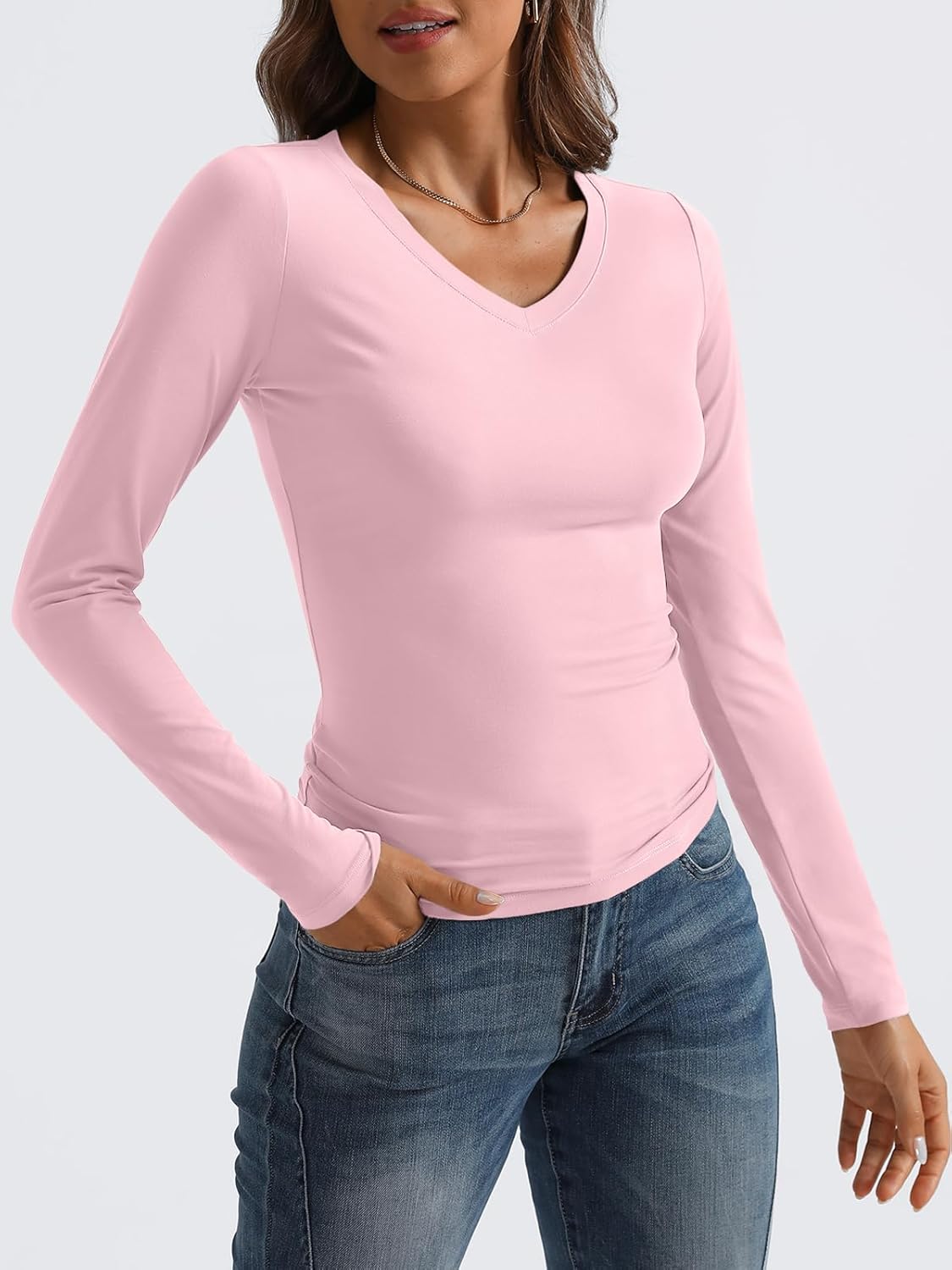 Women Long Sleeve Shirts Fashion V Neck Basics Crop Layering Slim Fitted Tops