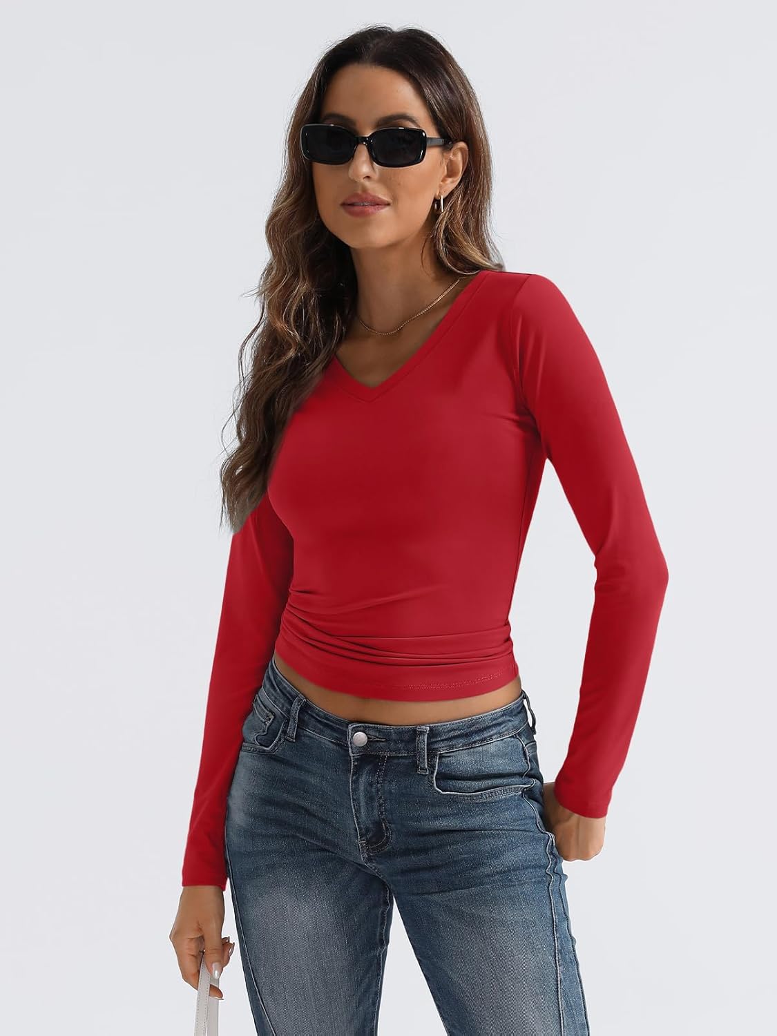 Women Long Sleeve Shirts Fashion V Neck Basics Crop Layering Slim Fitted Tops