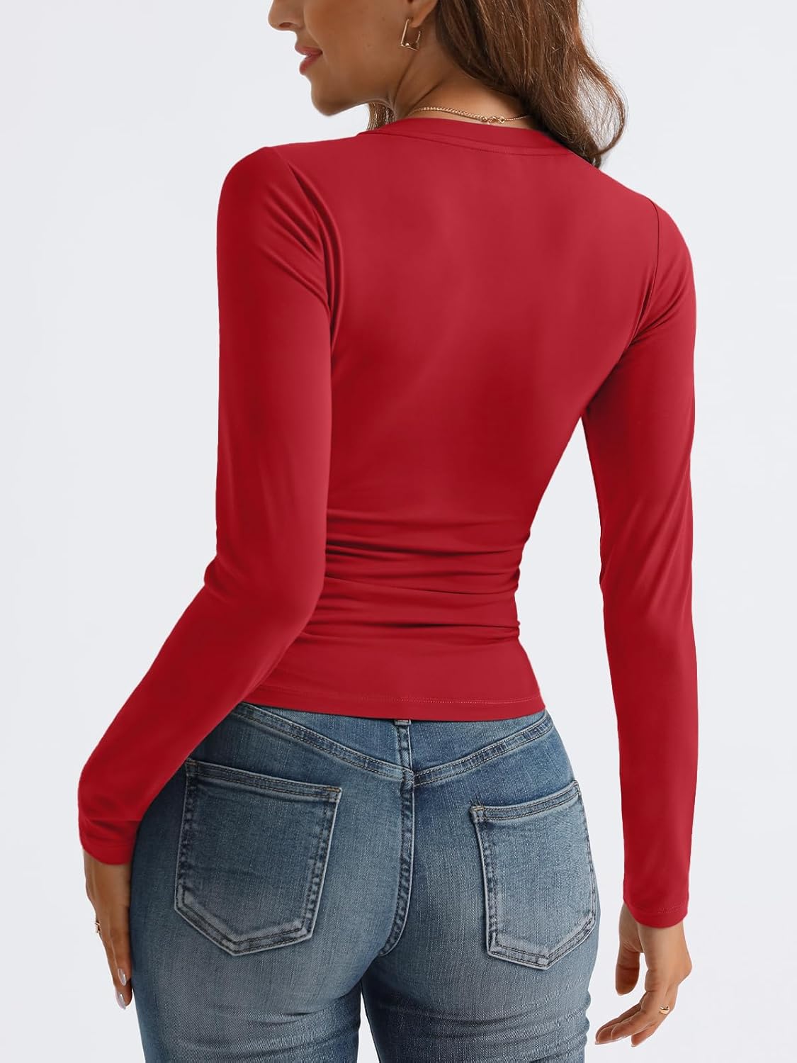 Women Long Sleeve Shirts Fashion V Neck Basics Crop Layering Slim Fitted Tops