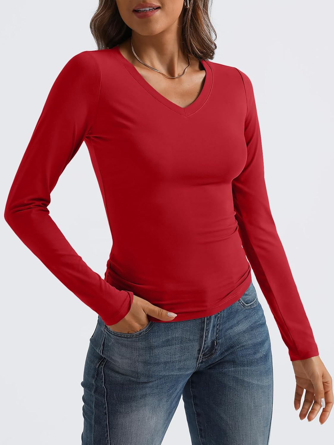 Women Long Sleeve Shirts Fashion V Neck Basics Crop Layering Slim Fitted Tops