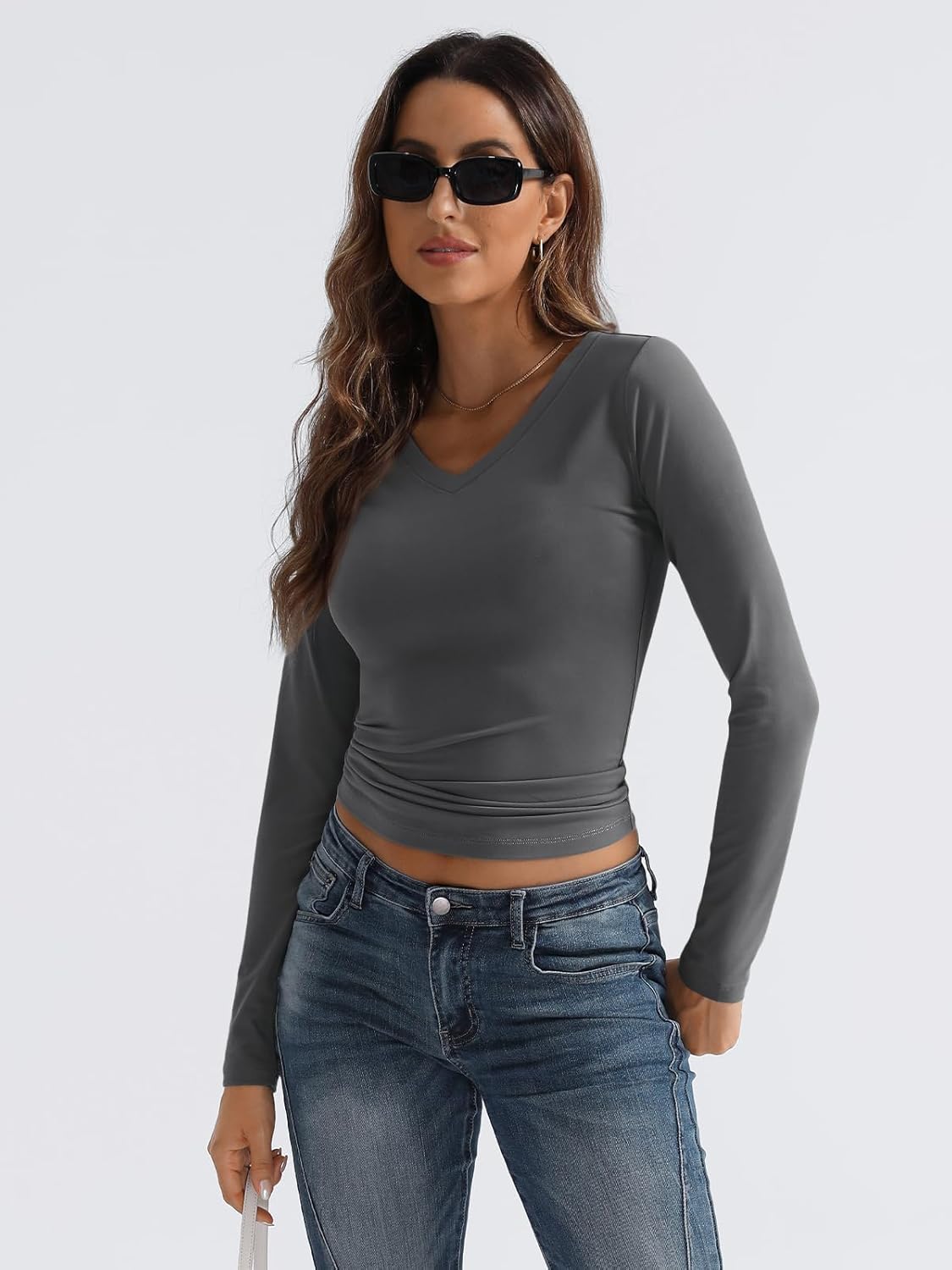 Women Long Sleeve Shirts Fashion V Neck Basics Crop Layering Slim Fitted Tops