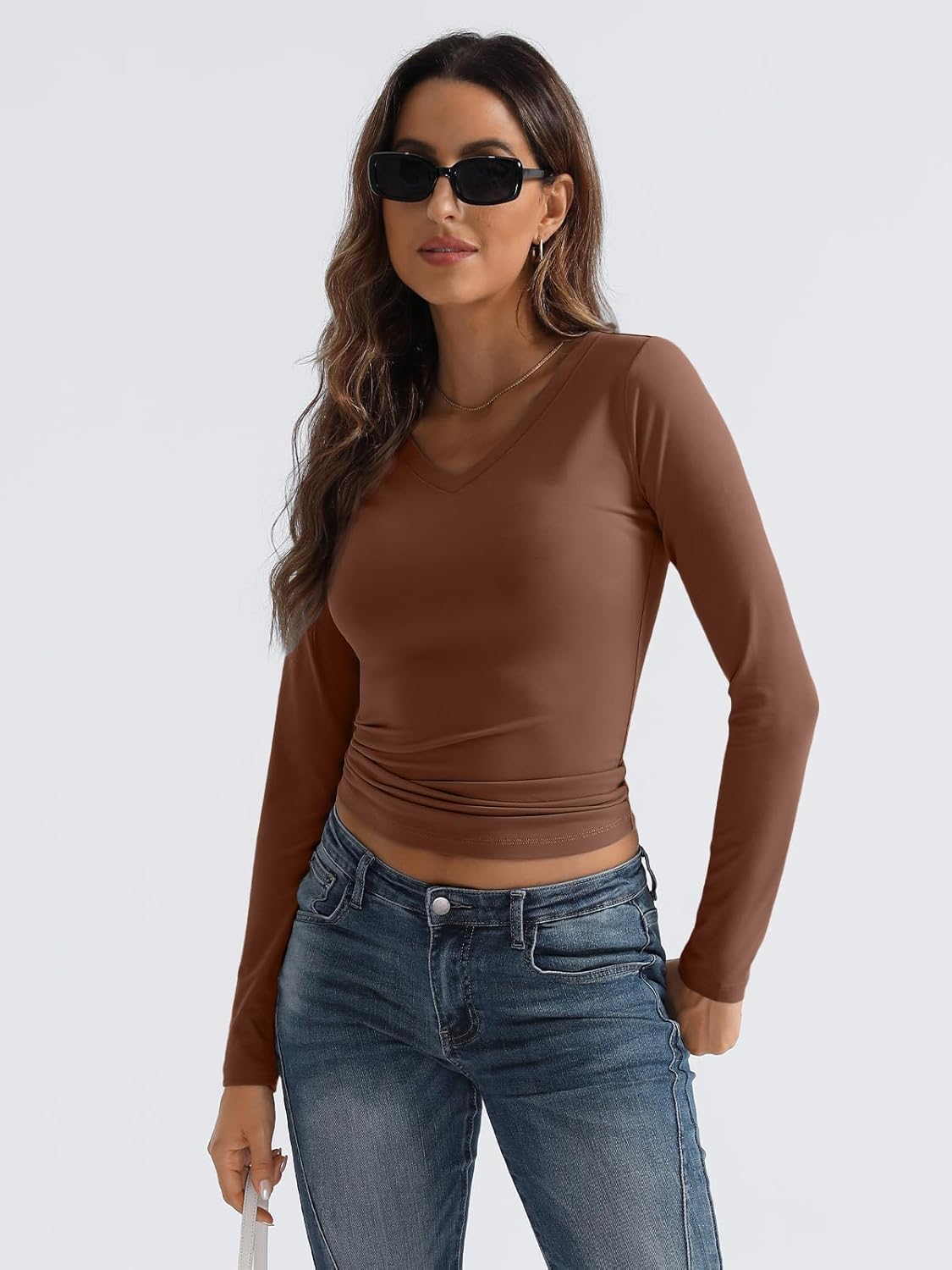 Women Long Sleeve Shirts Fashion V Neck Basics Crop Layering Slim Fitted Tops