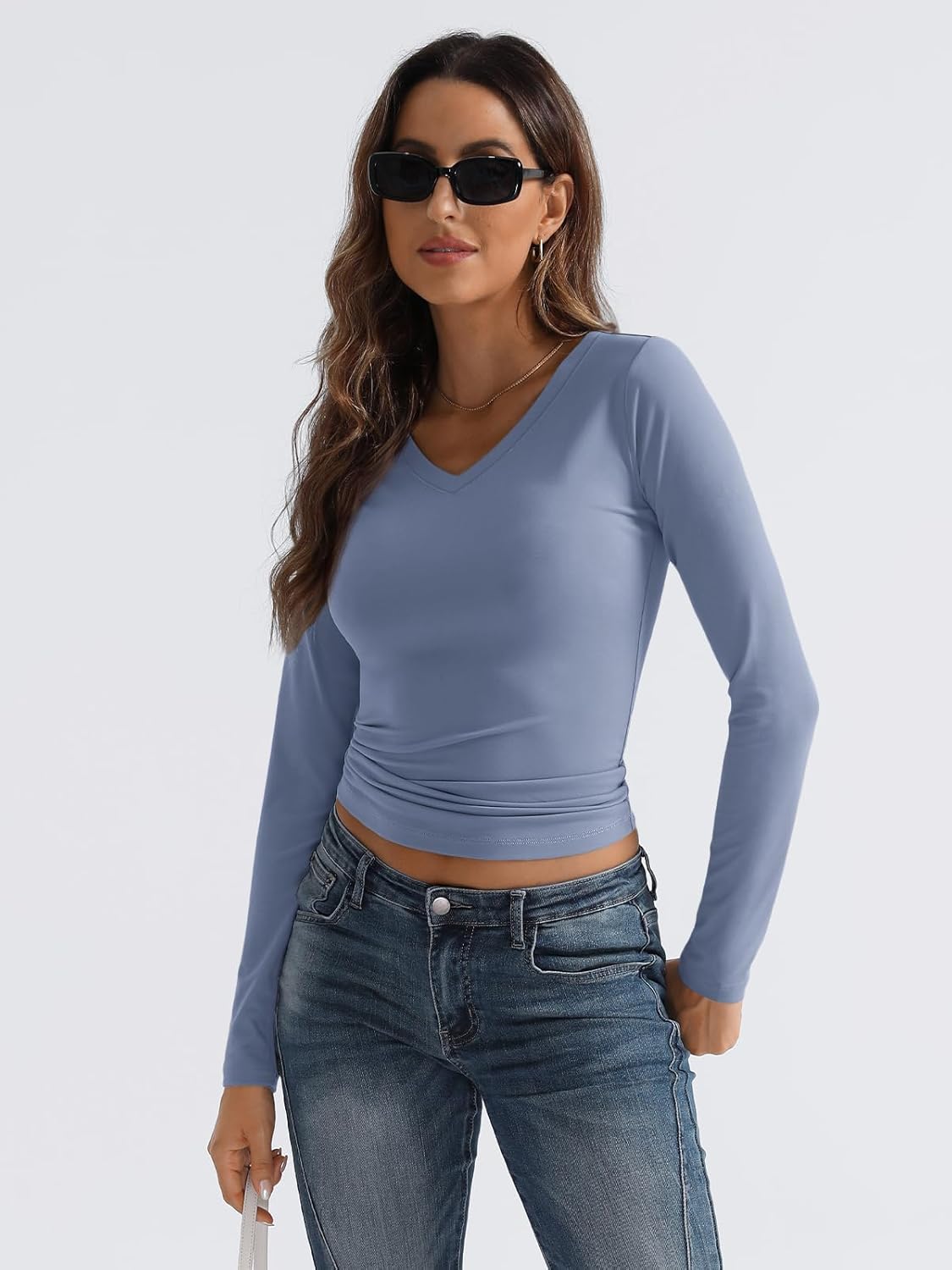 Women Long Sleeve Shirts Fashion V Neck Basics Crop Layering Slim Fitted Tops