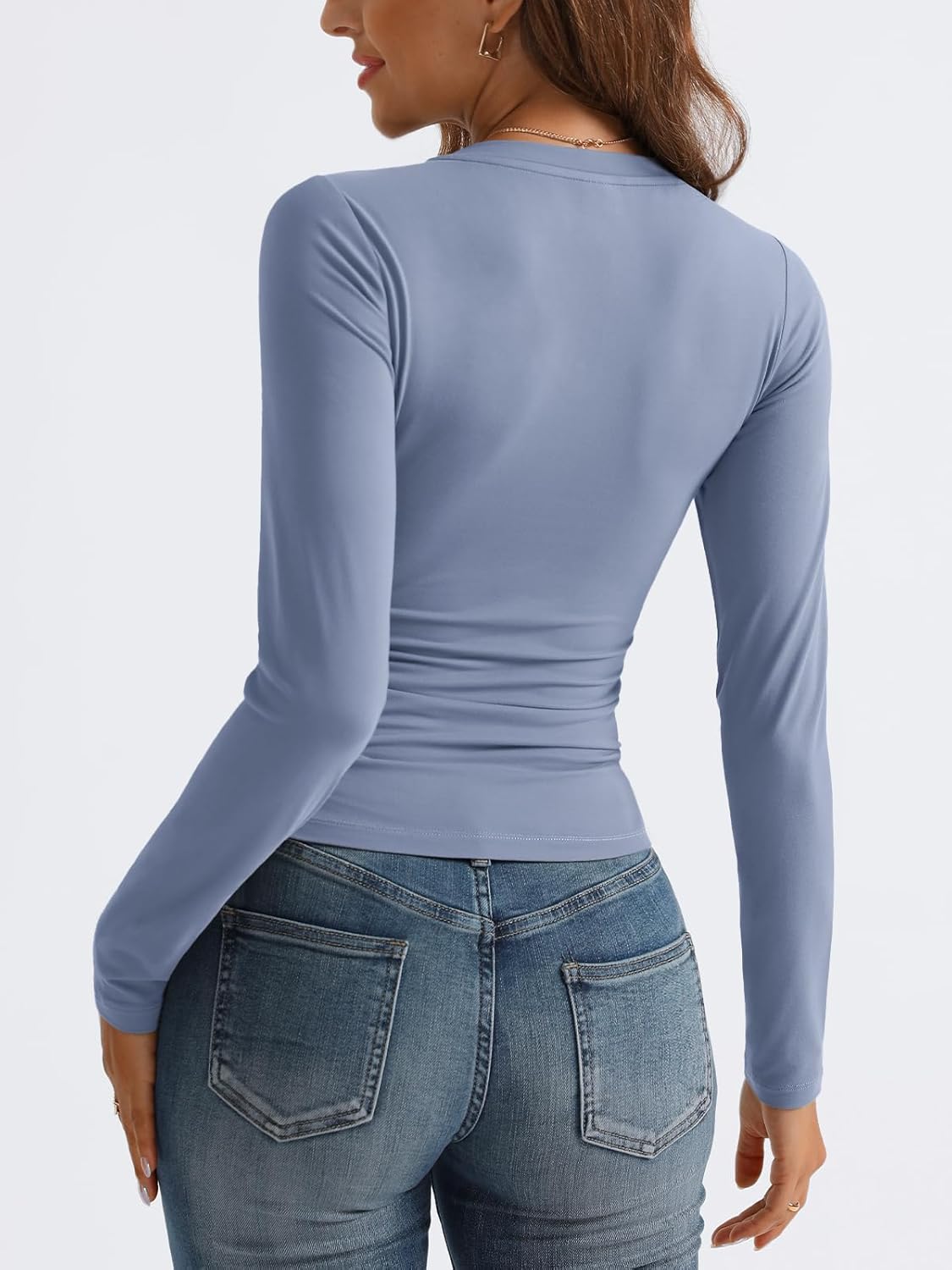 Women Long Sleeve Shirts Fashion V Neck Basics Crop Layering Slim Fitted Tops