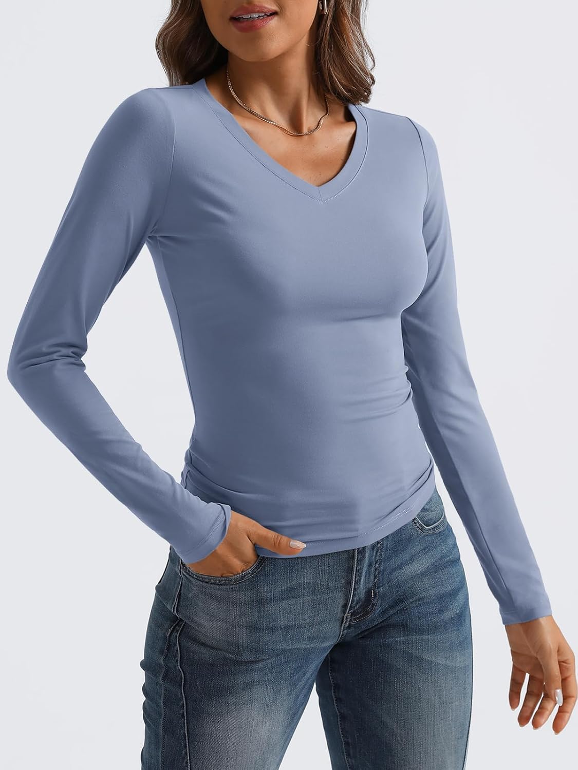 Women Long Sleeve Shirts Fashion V Neck Basics Crop Layering Slim Fitted Tops