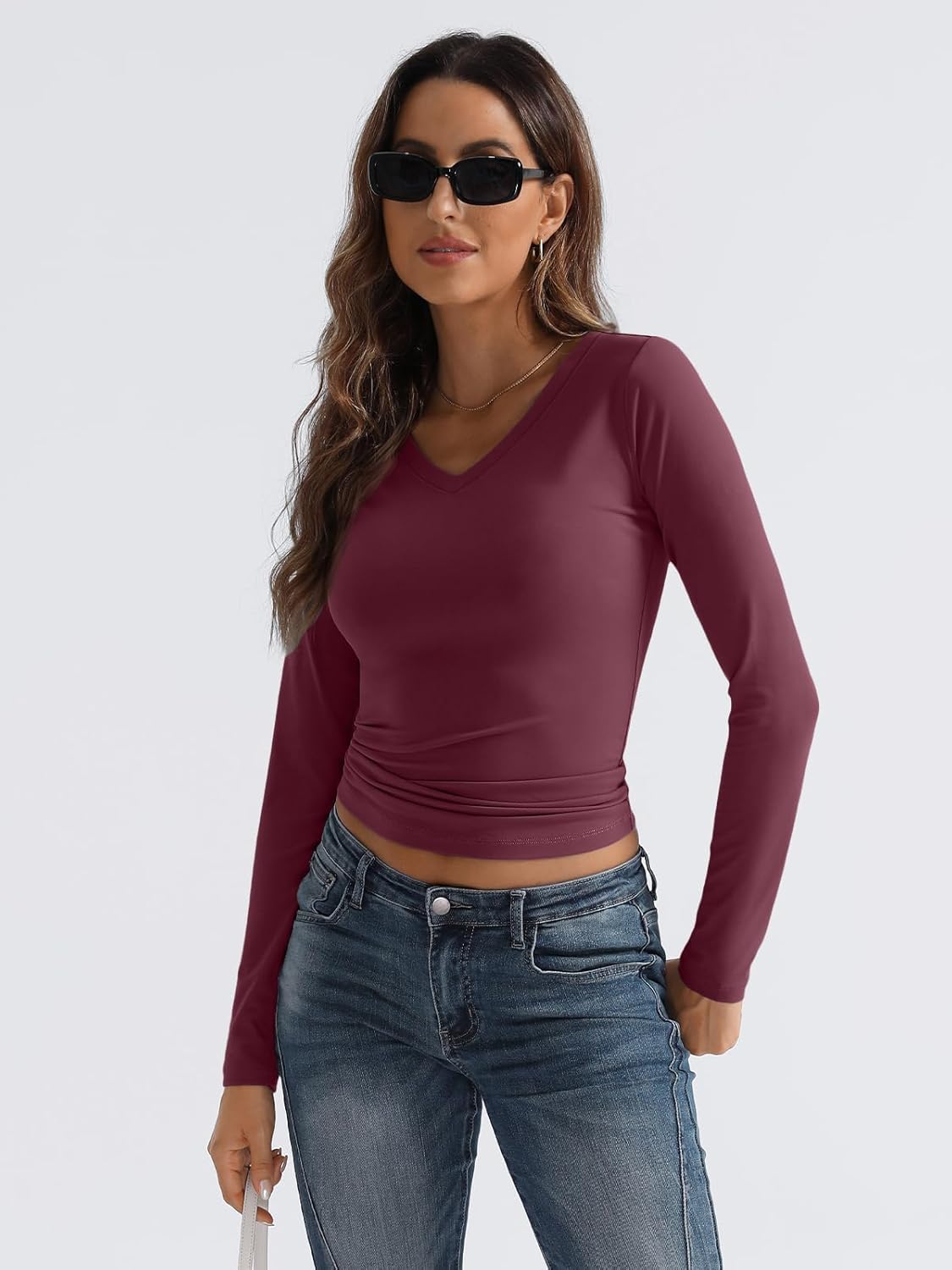 Women Long Sleeve Shirts Fashion V Neck Basics Crop Layering Slim Fitted Tops