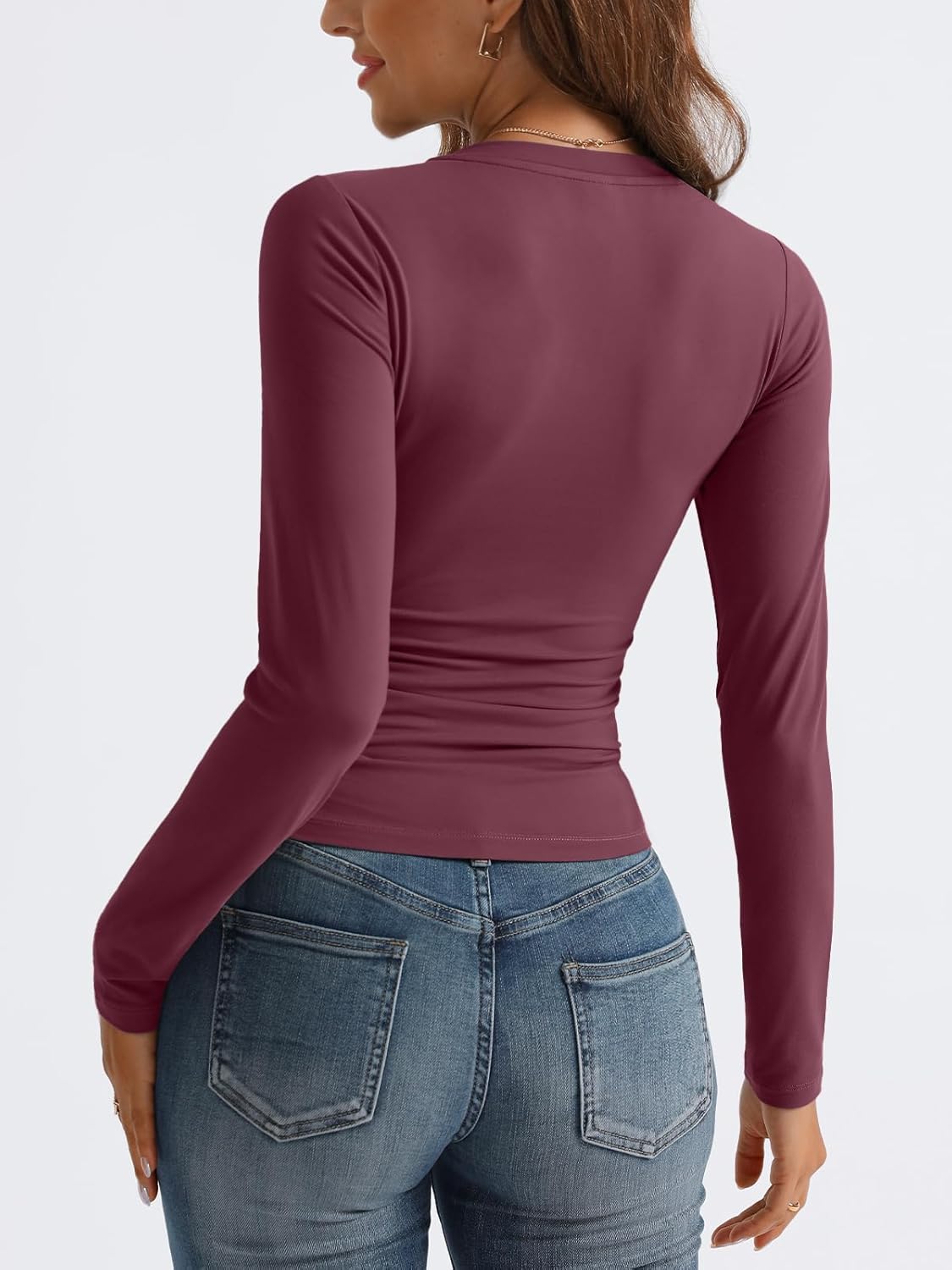 Women Long Sleeve Shirts Fashion V Neck Basics Crop Layering Slim Fitted Tops