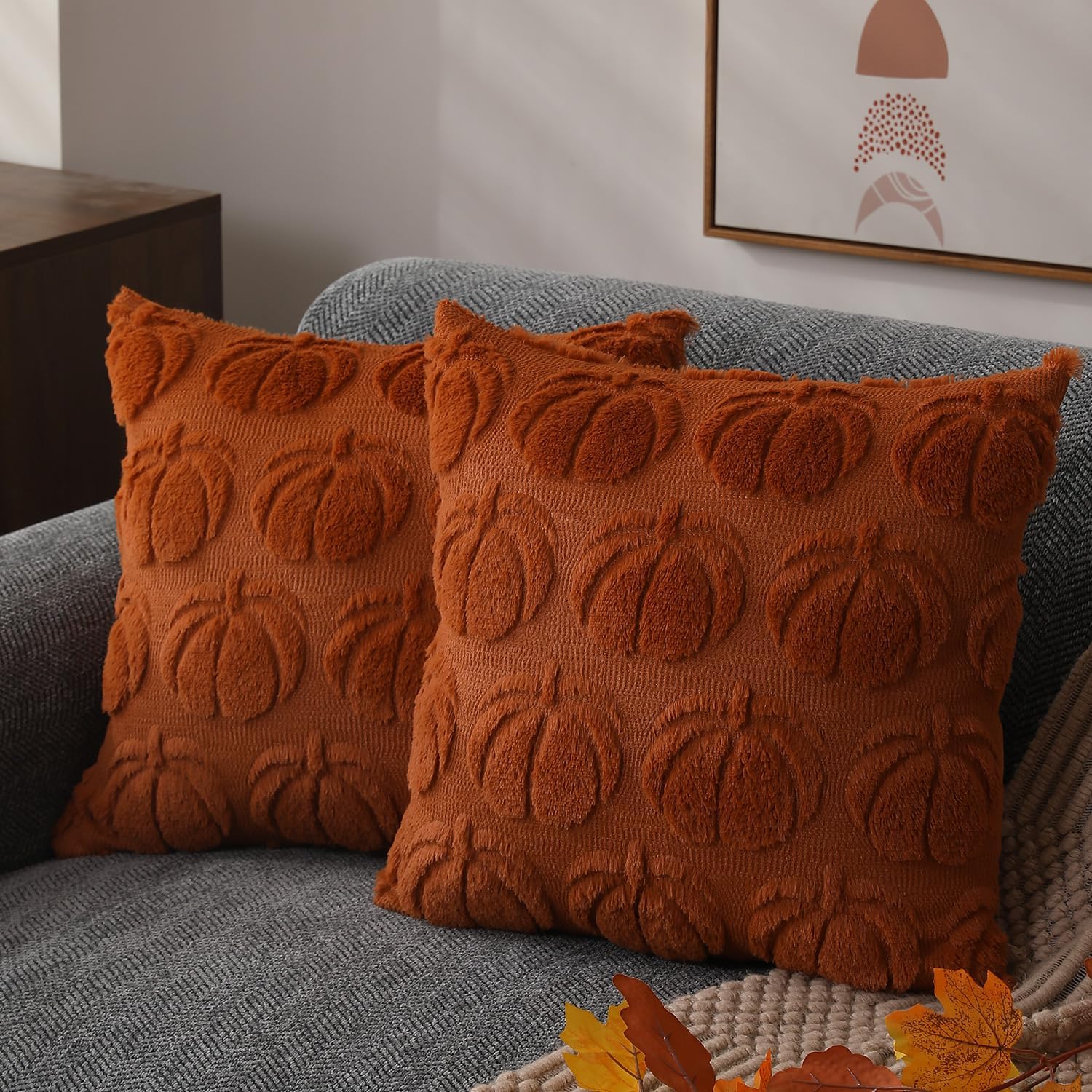 Set of 2 Fall Pillow Covers 20x20 - Soft Plush Faux Fur Pumpkin Decorative Cases - Picture 26 of 61