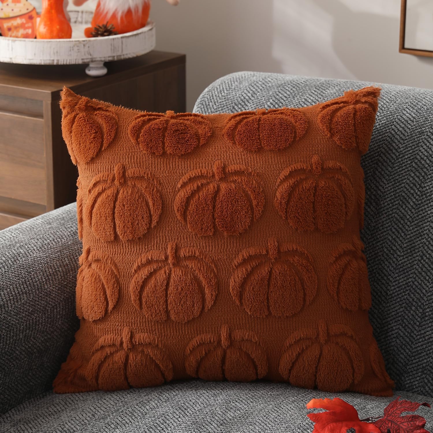 Set of 2 Fall Pillow Covers 20x20 - Soft Plush Faux Fur Pumpkin Decorative Cases - Picture 28 of 61
