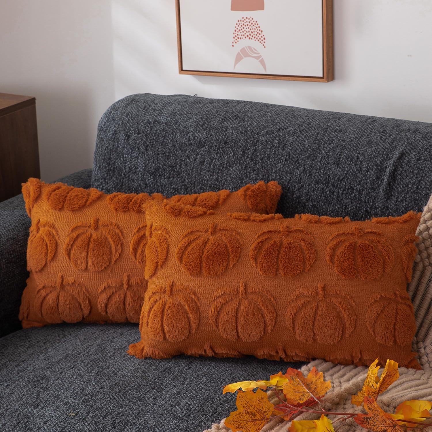 Set of 2 Fall Pillow Covers 20x20 - Soft Plush Faux Fur Pumpkin Decorative Cases - Picture 32 of 61