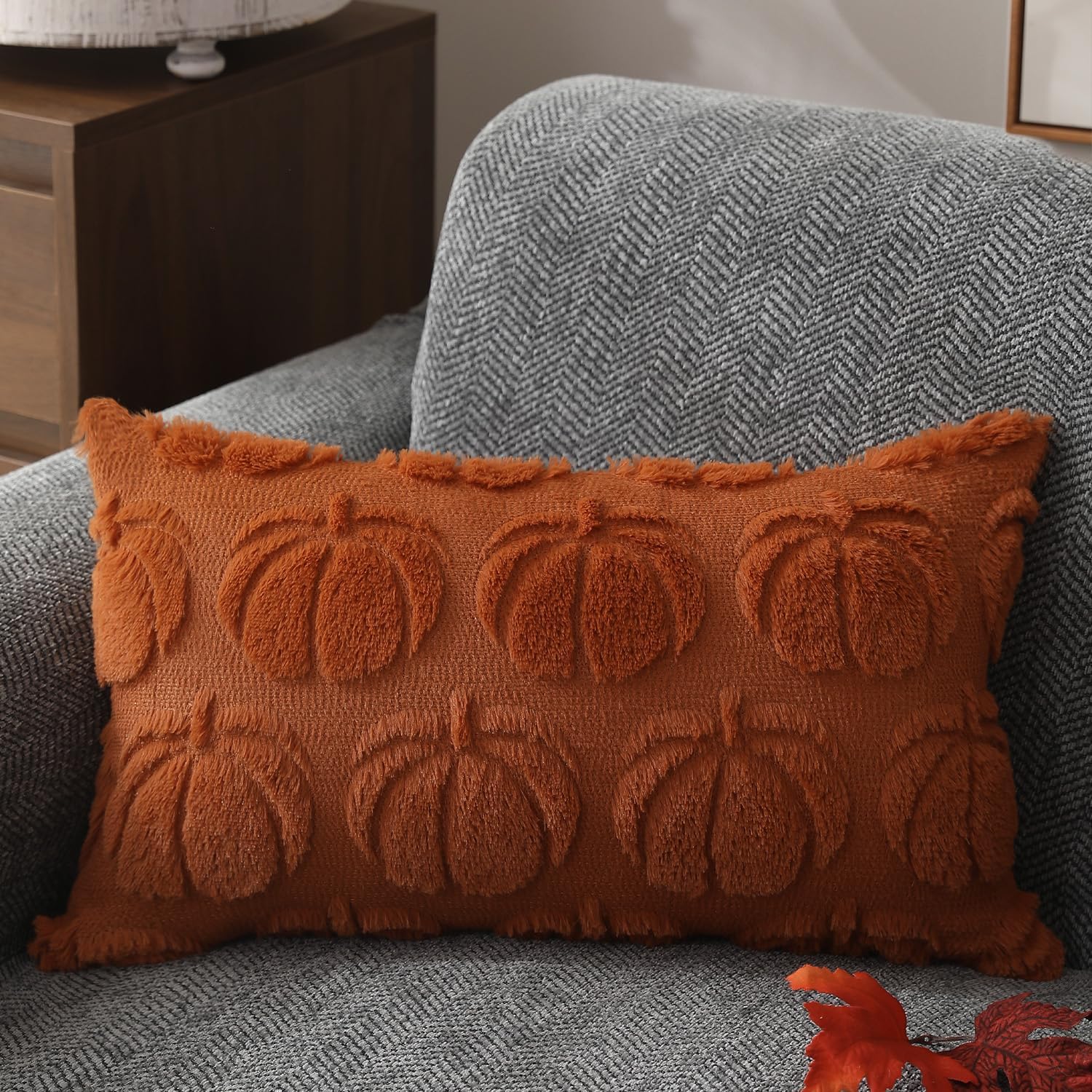 Set of 2 Fall Pillow Covers 20x20 - Soft Plush Faux Fur Pumpkin Decorative Cases - Picture 34 of 61