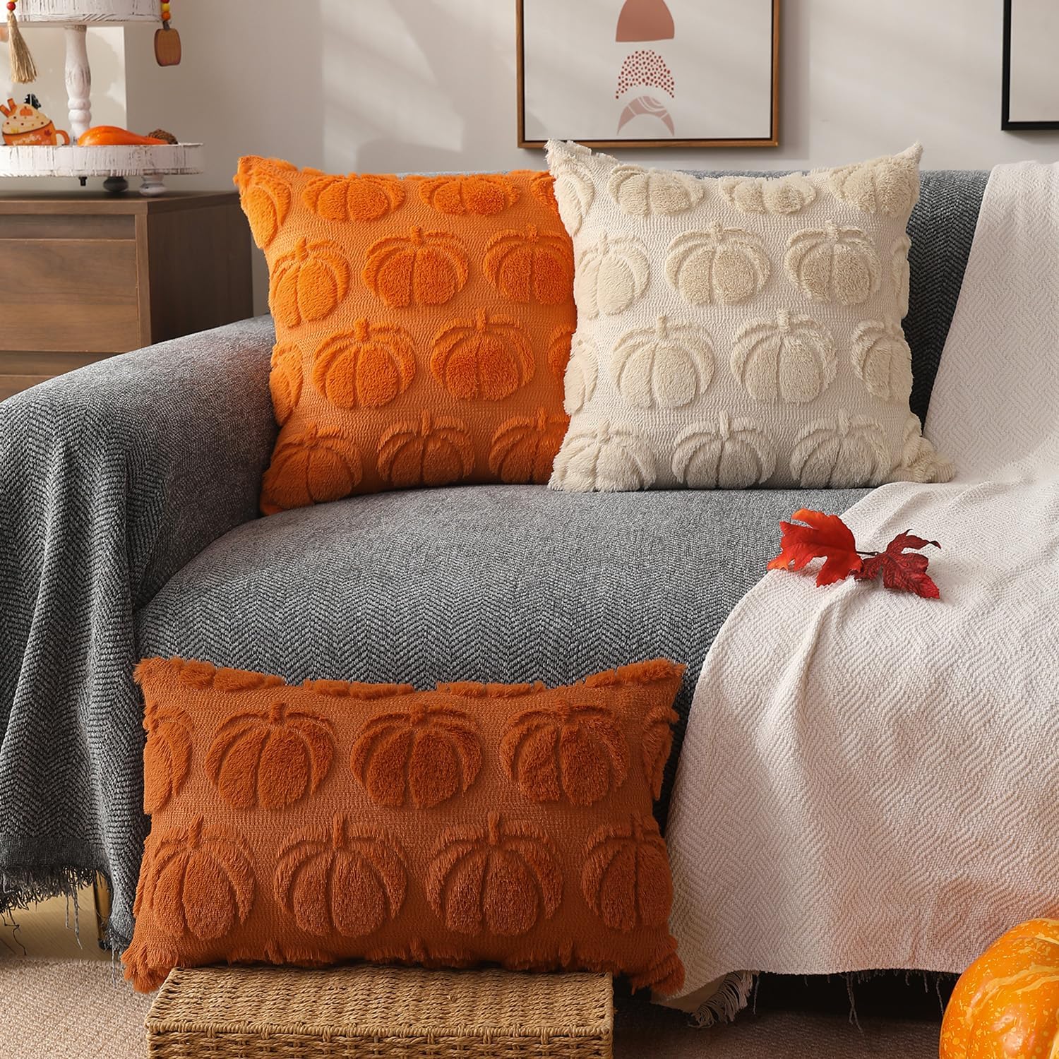 Set of 2 Fall Pillow Covers 20x20 - Soft Plush Faux Fur Pumpkin Decorative Cases - Picture 35 of 61