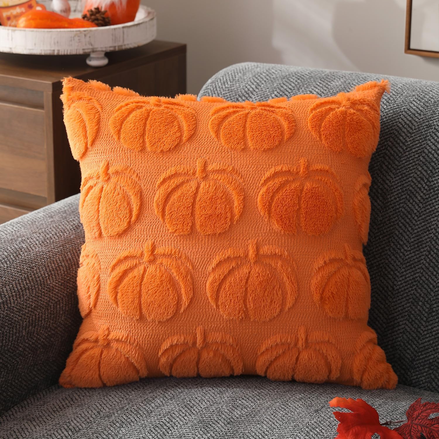 Set of 2 Fall Pillow Covers 20x20 - Soft Plush Faux Fur Pumpkin Decorative Cases - Picture 49 of 61