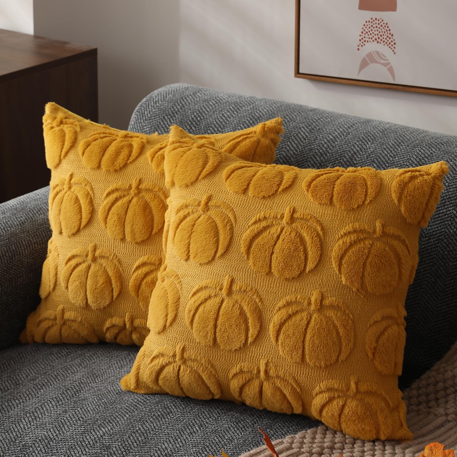 Set of 2 Fall Pillow Covers 20x20 - Soft Plush Faux Fur Pumpkin Decorative Cases - Picture 53 of 61