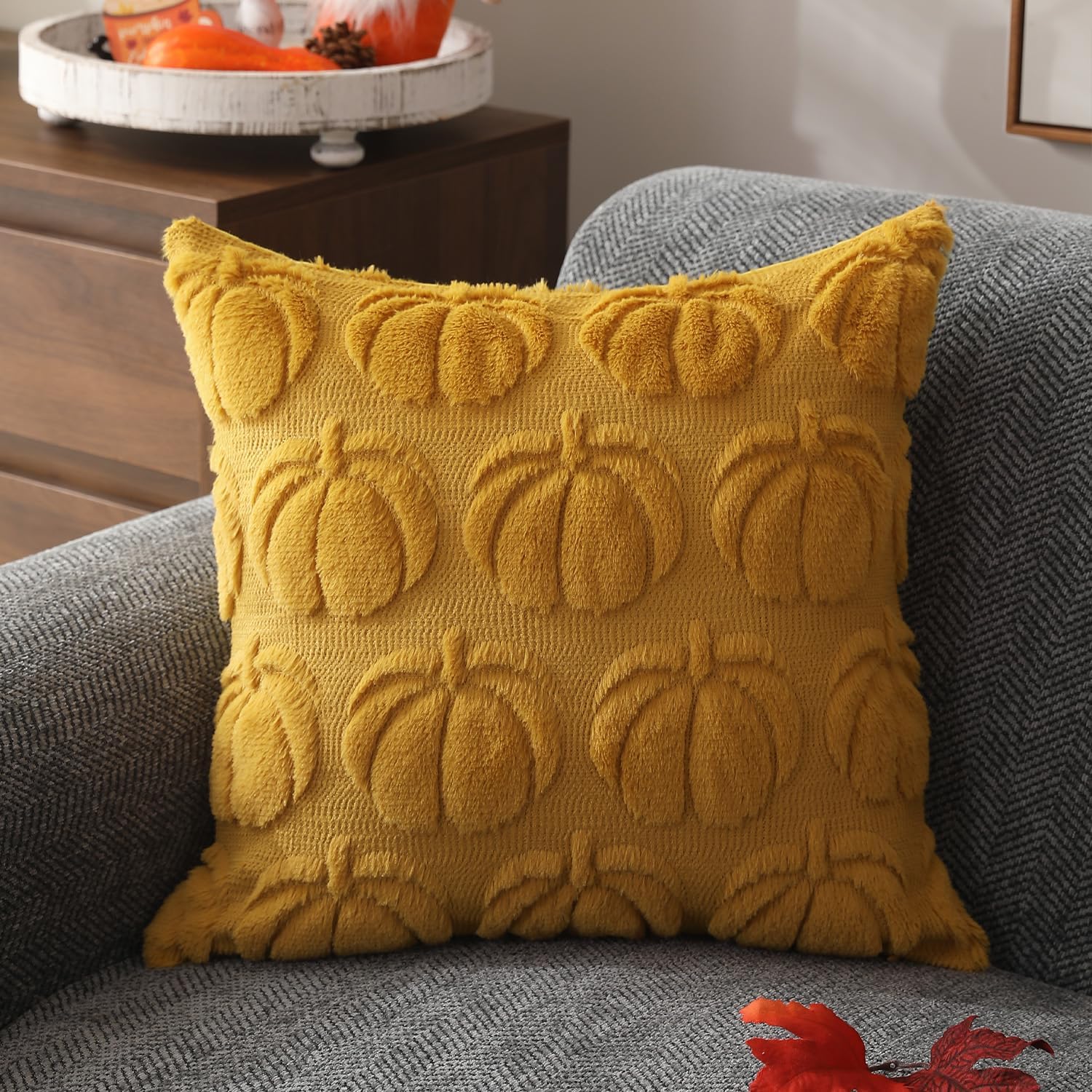 Set of 2 Fall Pillow Covers 20x20 - Soft Plush Faux Fur Pumpkin Decorative Cases - Picture 55 of 61