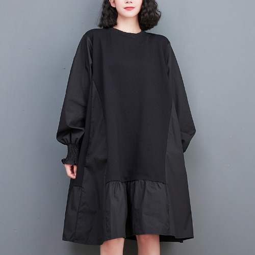 Womens Korean Fashion Patchwork Round Neck Long Sleeves Sweatshirt Dress