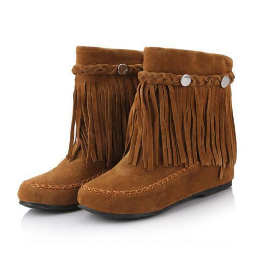 Womens Casual Tassel High Top Fringe Moccasin Boots Flat Round Toe Ankle Shoes