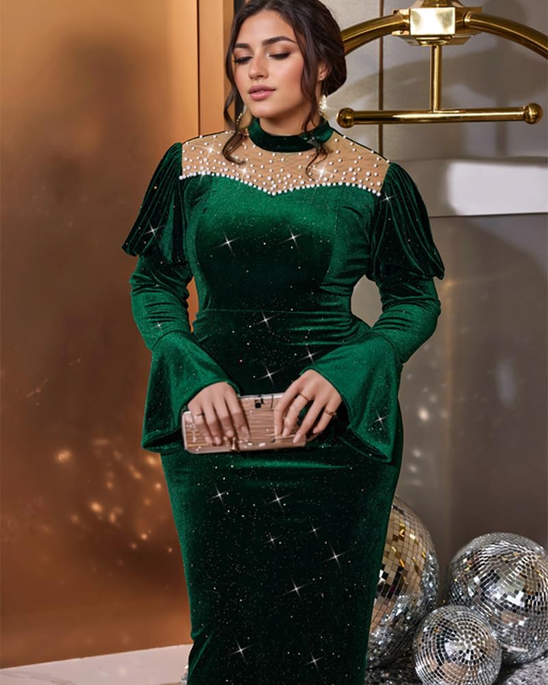 AOMEI Damen Samt Bodycon Midikleid Langarm Perlen Elegant Cocktailkleider - Bild 10 von 10