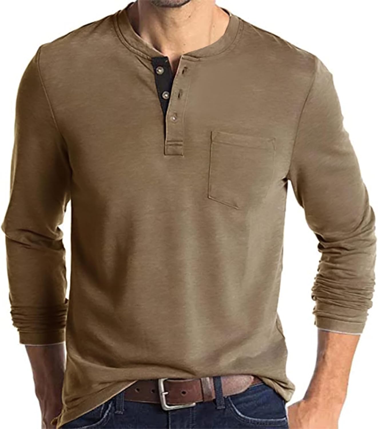 Mens Fashion Henley Shirts Long Sleeve Button Cotton T-Shirt with Pocket - Picture 18 of 25