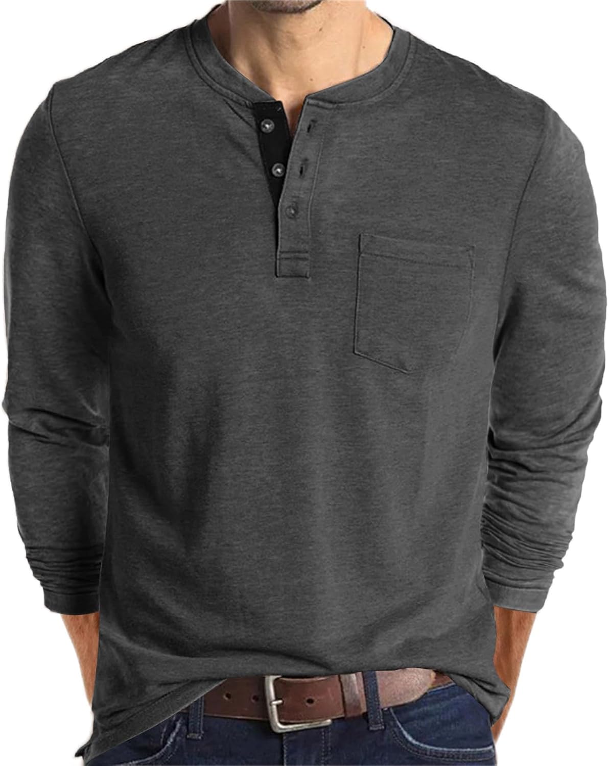 Mens Fashion Henley Shirts Long Sleeve Button Cotton T-Shirt with Pocket - Picture 16 of 25