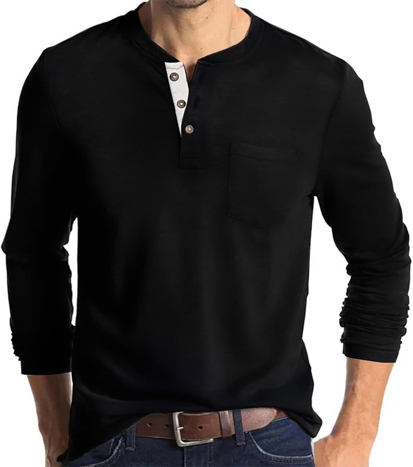 Mens Fashion Henley Shirts Long Sleeve Button Cotton T-Shirt with Pocket - Picture 20 of 25
