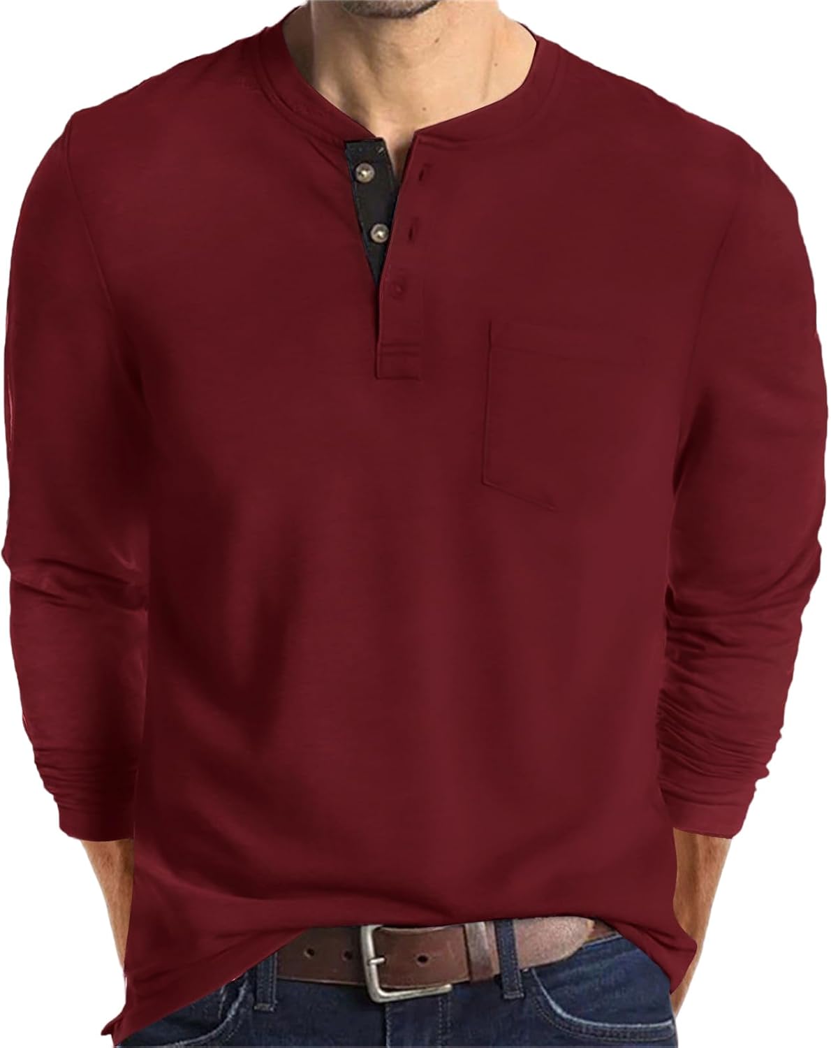 Mens Fashion Henley Shirts Long Sleeve Button Cotton T-Shirt with Pocket - Picture 21 of 25