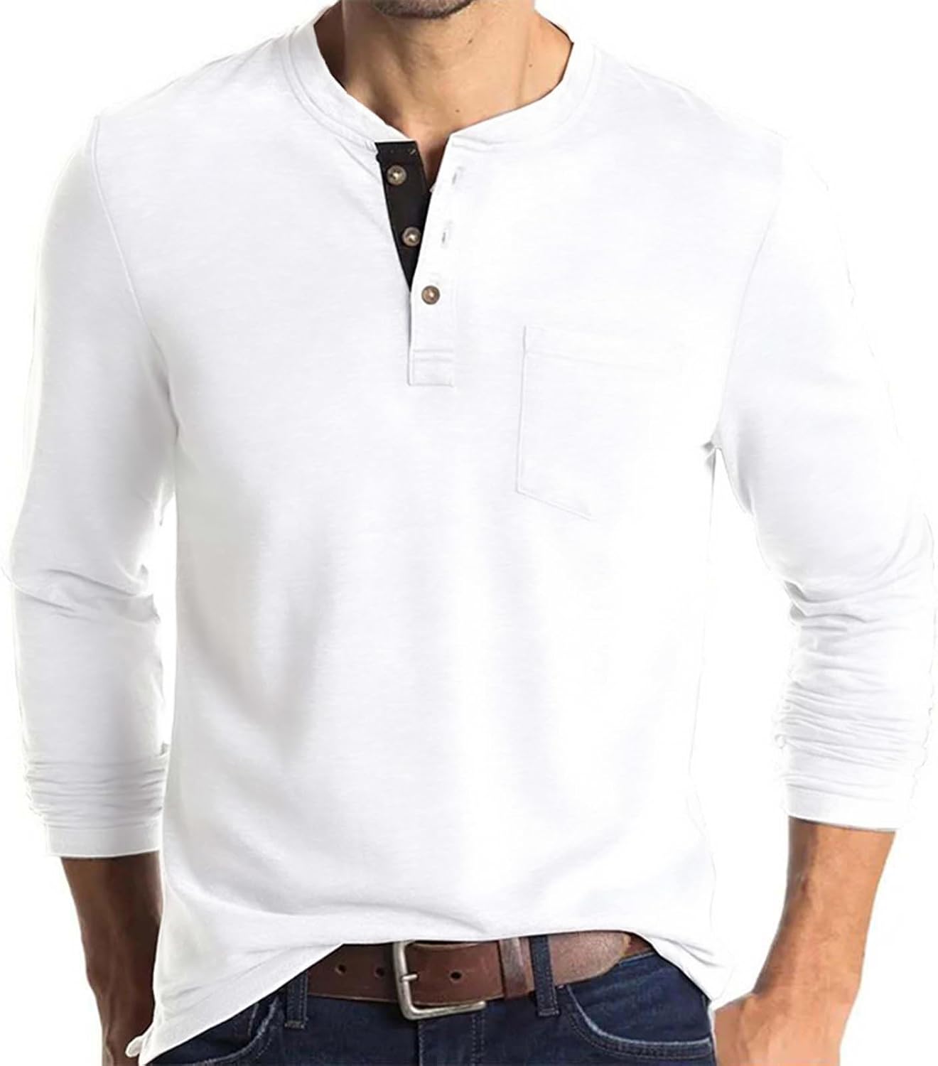 Mens Fashion Henley Shirts Long Sleeve Button Cotton T-Shirt with Pocket - Picture 23 of 25