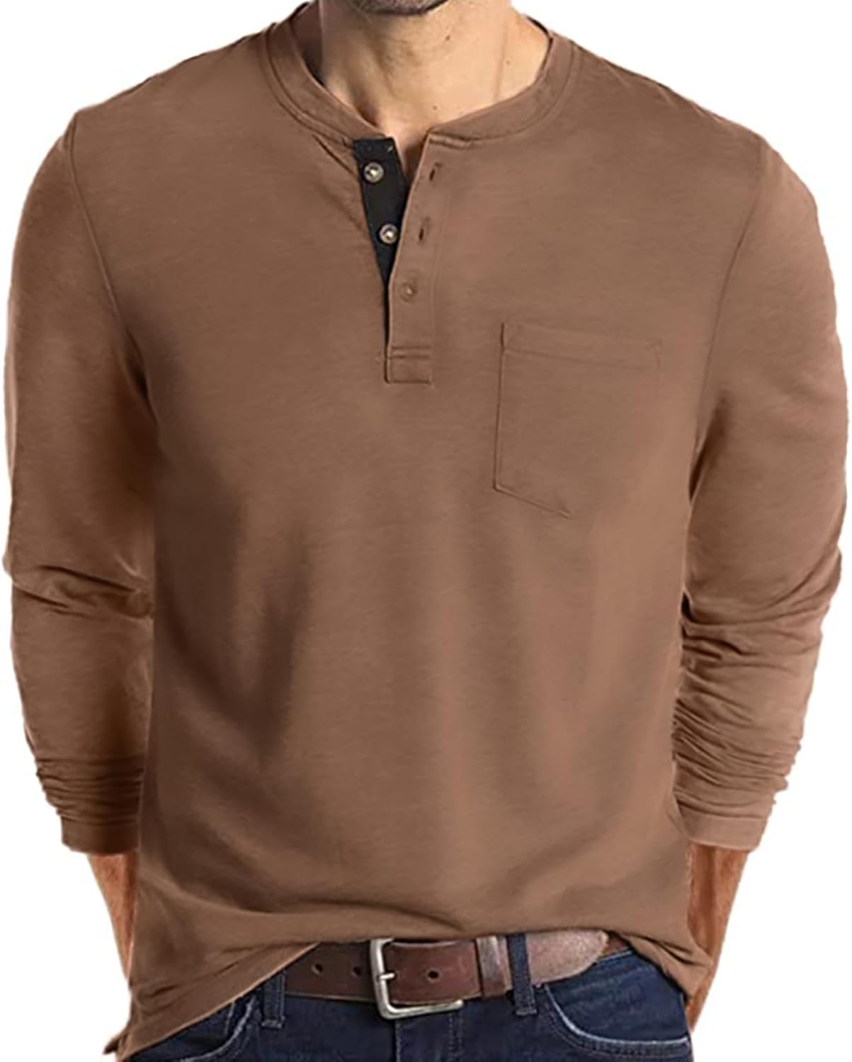 Mens Fashion Henley Shirts Long Sleeve Button Cotton T-Shirt with Pocket - Picture 24 of 25