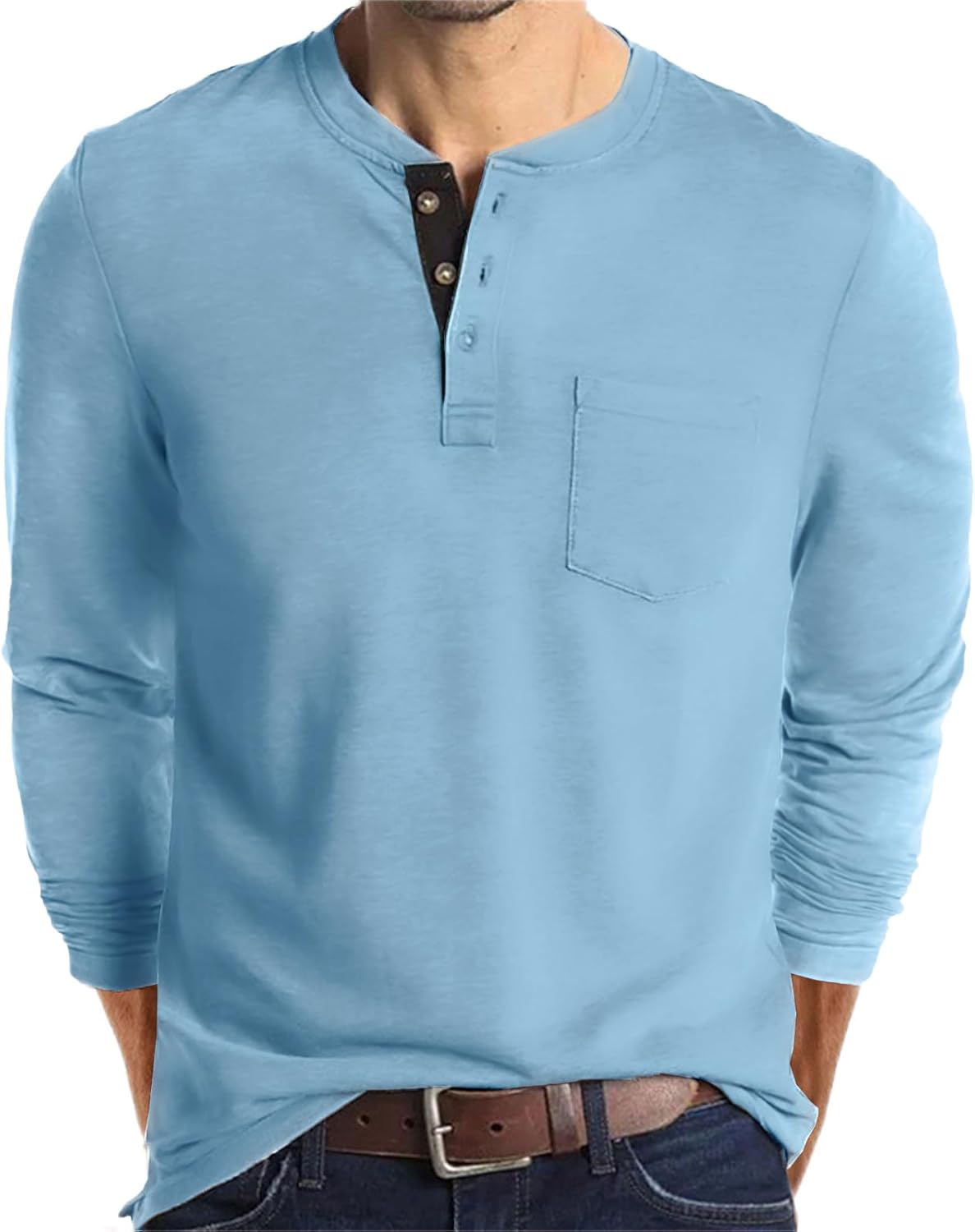 Mens Fashion Henley Shirts Long Sleeve Button Cotton T-Shirt with Pocket - Picture 25 of 25