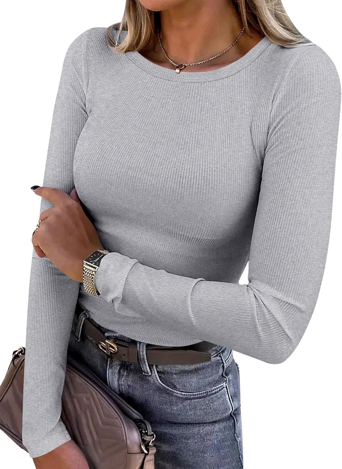 Women Long Sleeve Crewneck Rib Knit Slim Fit Shirts Casual T-Shirt Going Out - Picture 22 of 31
