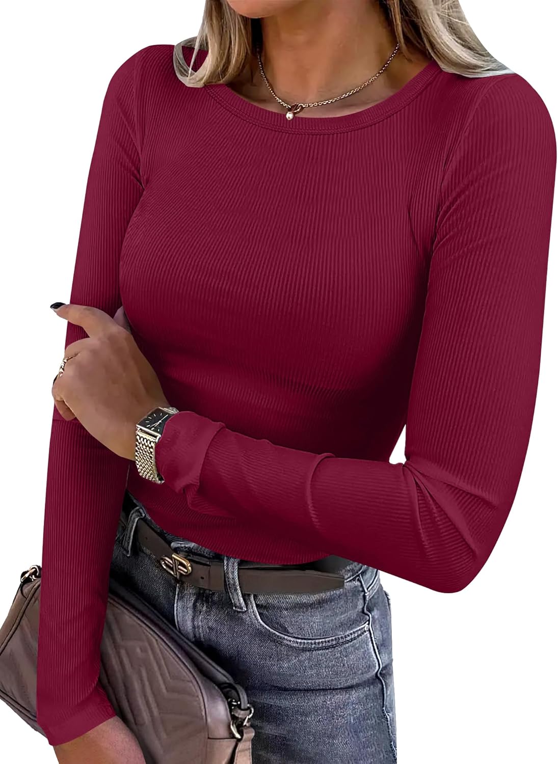 Women Long Sleeve Crewneck Rib Knit Slim Fit Shirts Casual T-Shirt Going Out - Picture 30 of 31