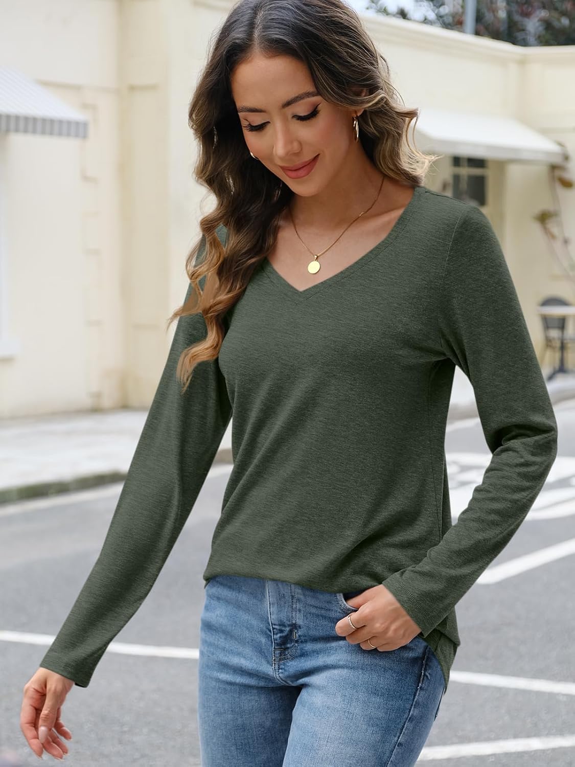 Womens Long Sleeve Shirts V Neck Casual Tops Loose Dressy Trendy Outfits Clothes - Picture 48 of 110
