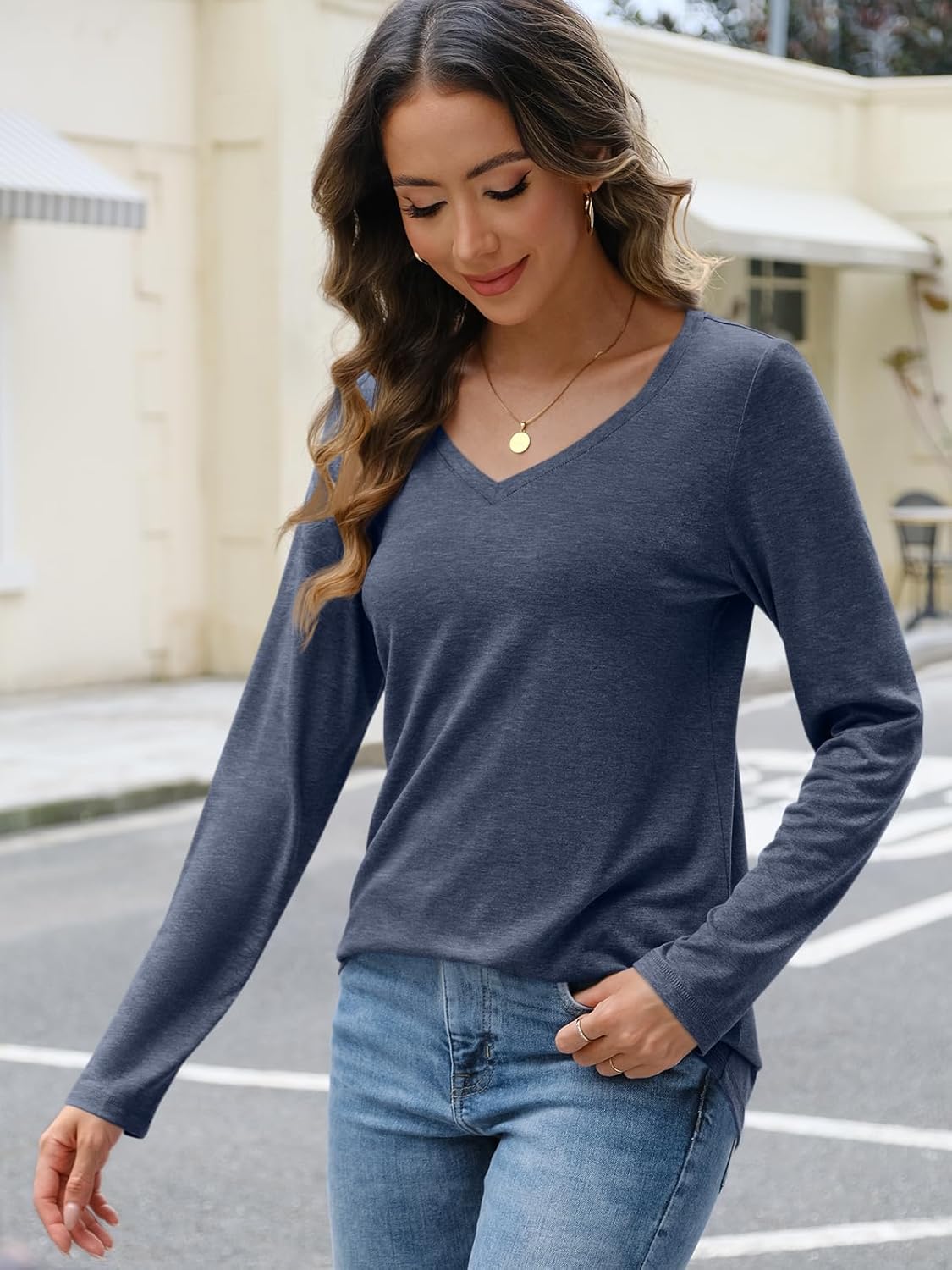 Womens Long Sleeve Shirts V Neck Casual Tops Loose Dressy Trendy Outfits Clothes - Picture 59 of 110