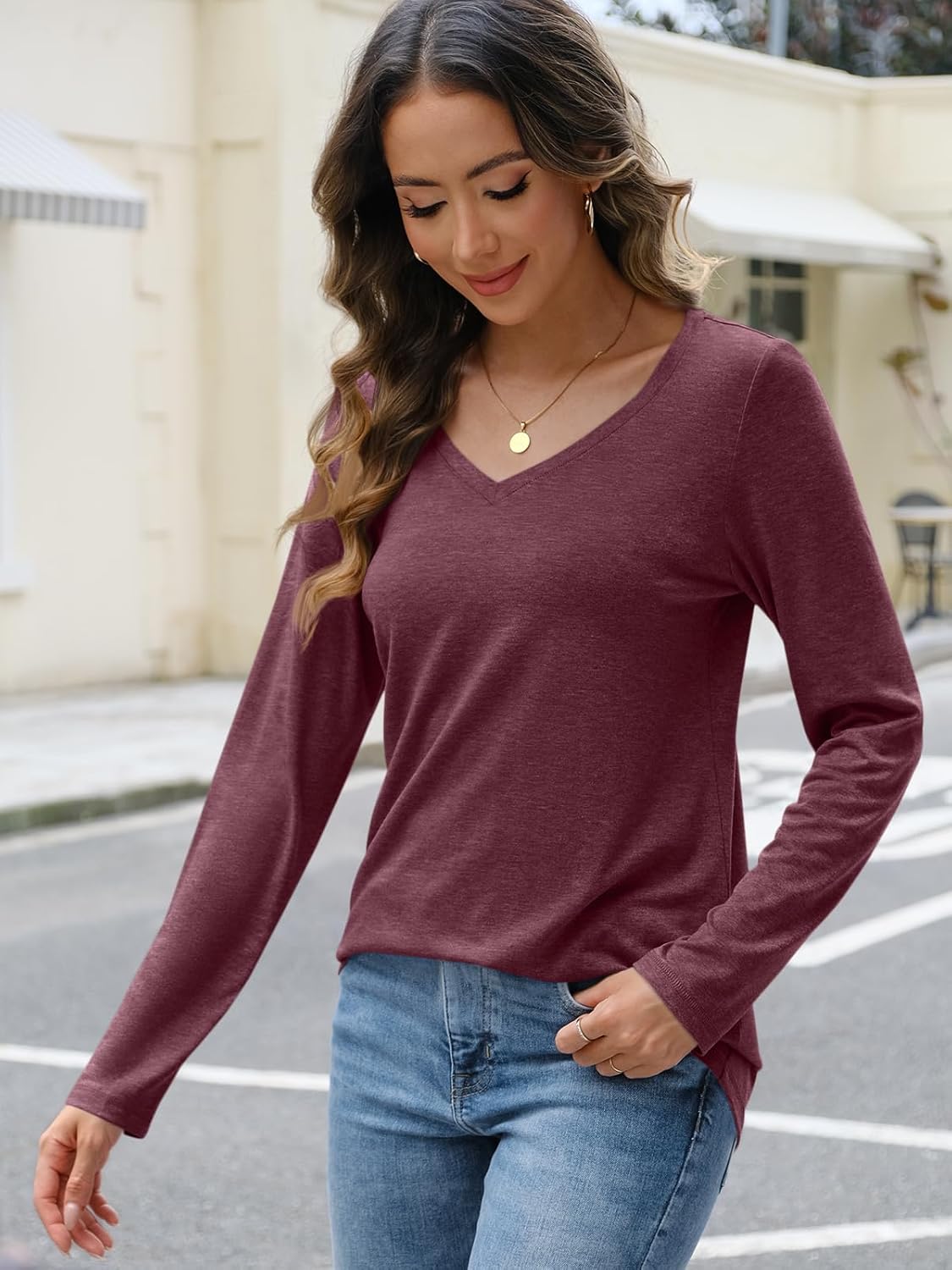 Womens Long Sleeve Shirts V Neck Casual Tops Loose Dressy Trendy Outfits Clothes - Picture 71 of 110