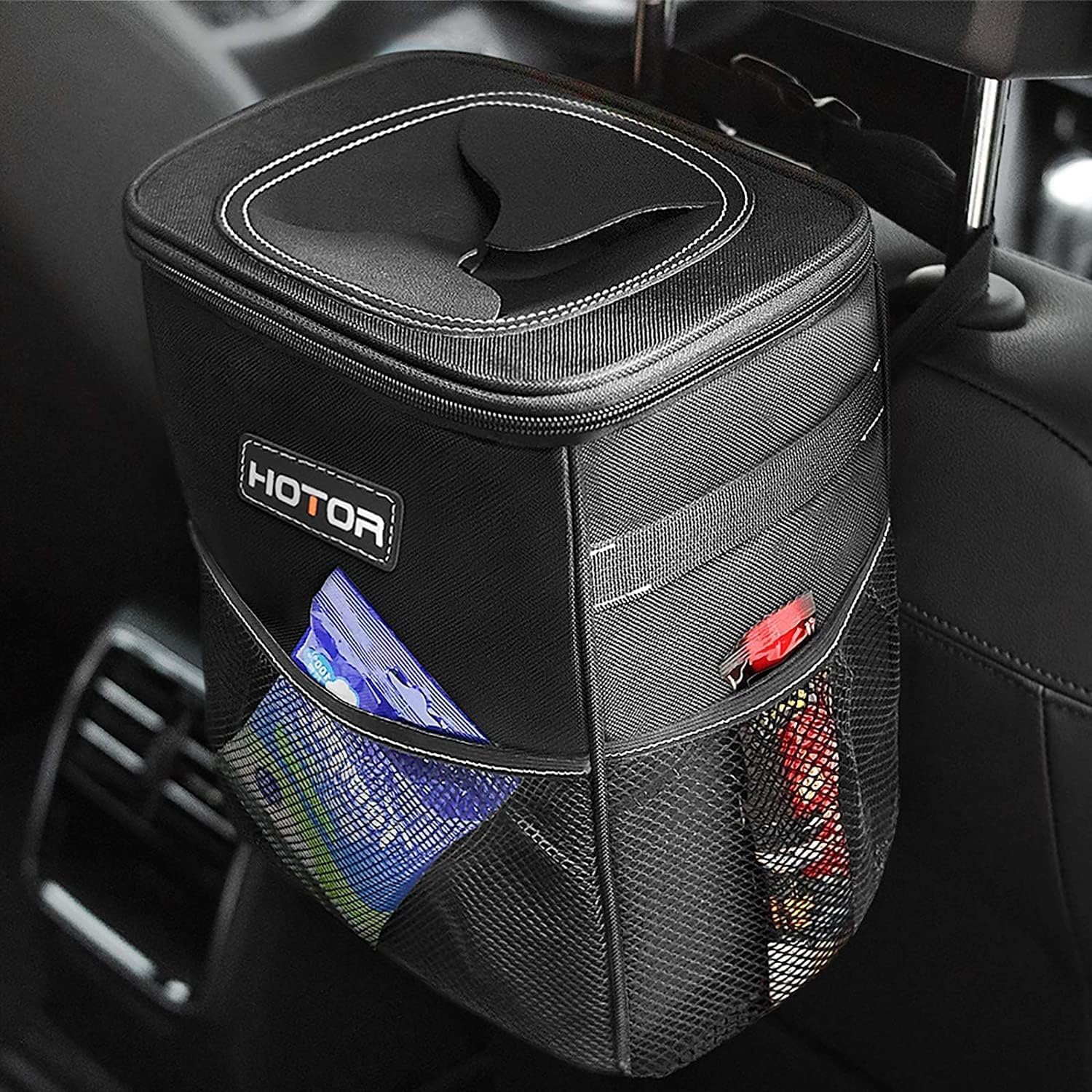 Multipurpose Trash Bin Waterproof Car Trash Can with Lid and Storage Pockets