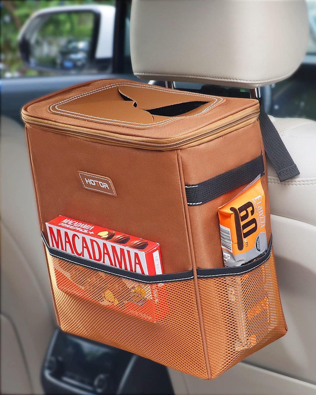 Multipurpose Trash Bin Waterproof Car Trash Can with Lid and Storage Pockets