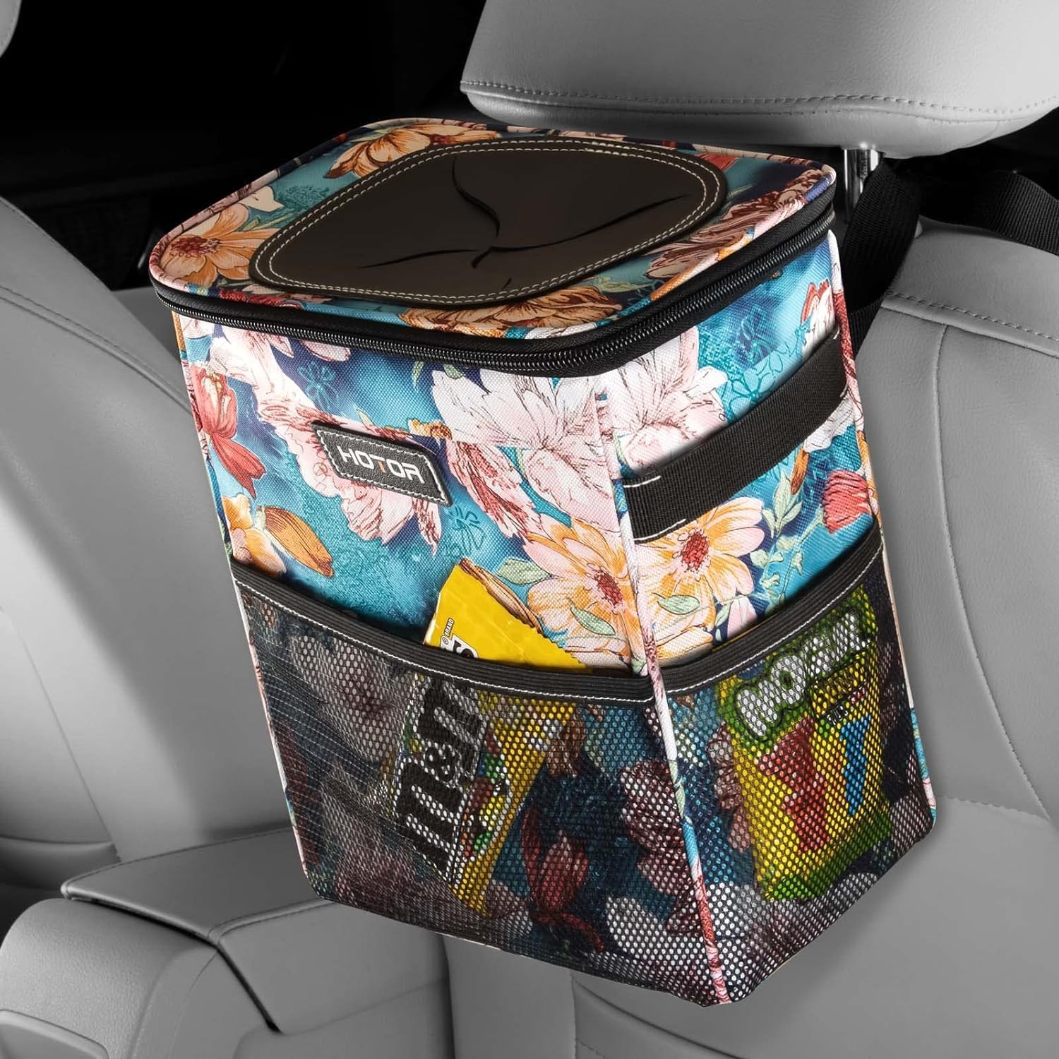 Multipurpose Trash Bin Waterproof Car Trash Can with Lid and Storage Pockets