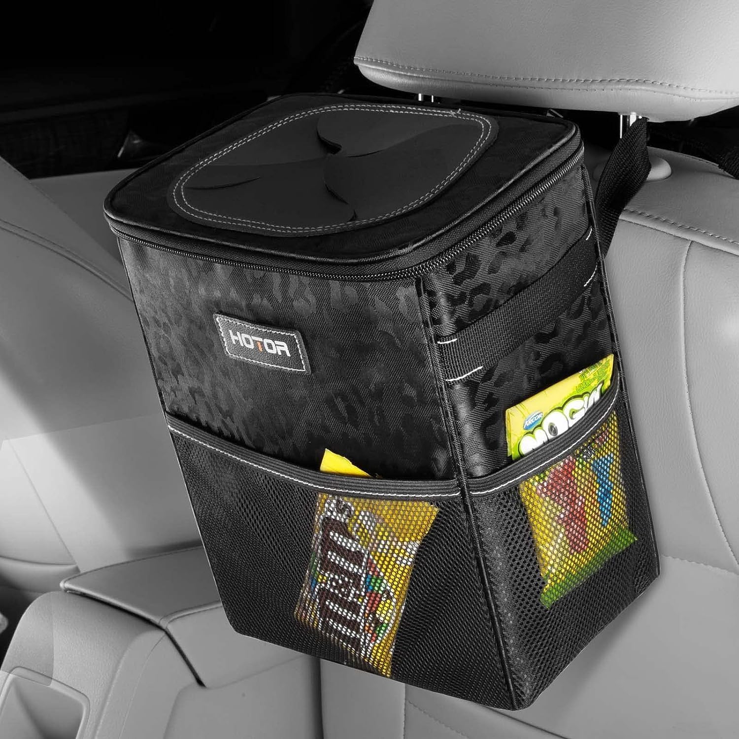 Multipurpose Trash Bin Waterproof Car Trash Can with Lid and Storage Pockets