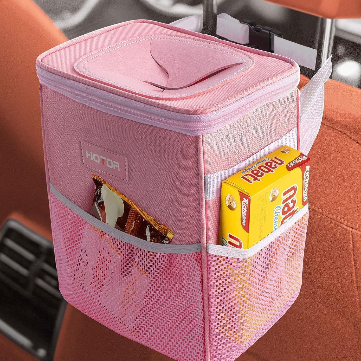 Multipurpose Trash Bin Waterproof Car Trash Can with Lid and Storage Pockets