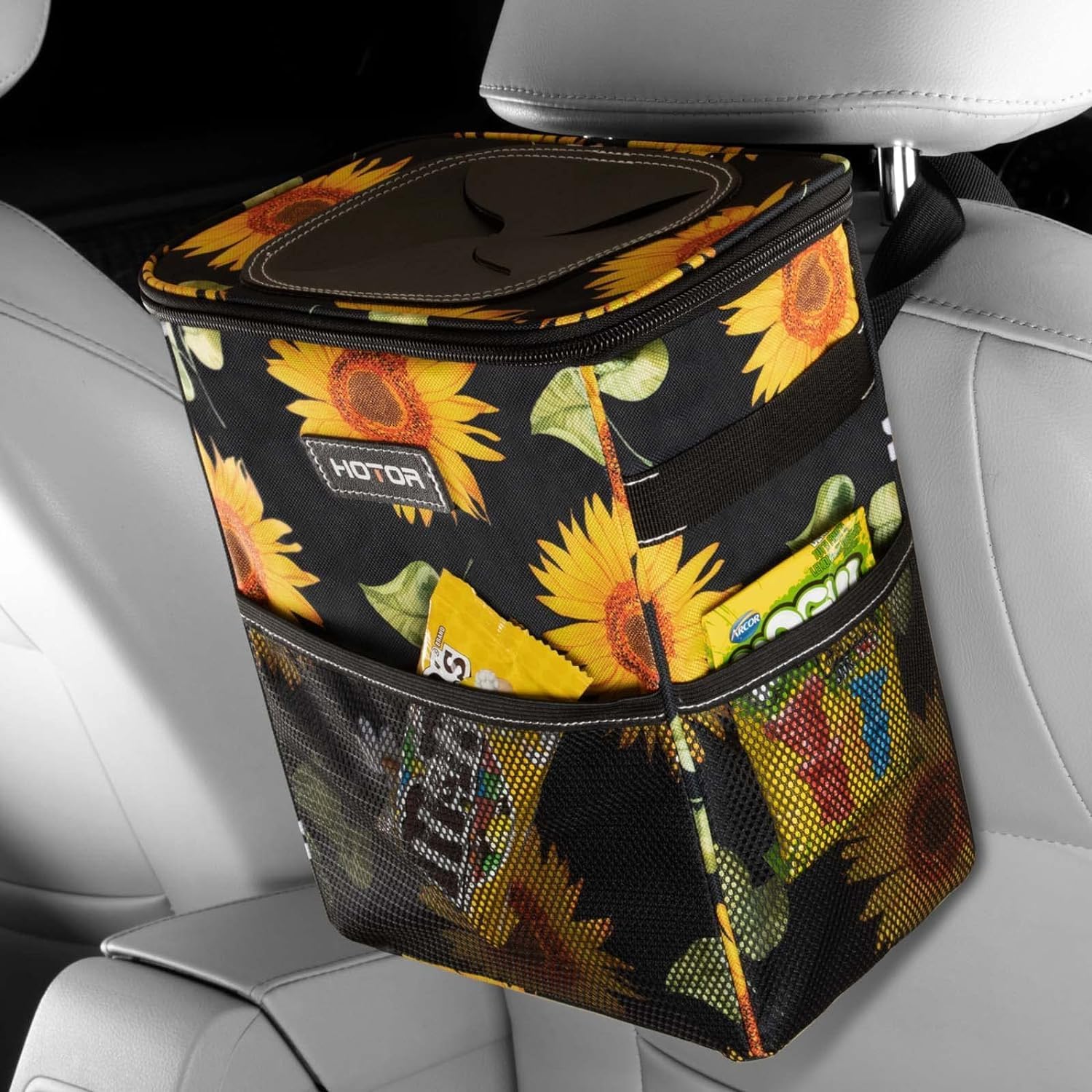 Multipurpose Trash Bin Waterproof Car Trash Can with Lid and Storage Pockets