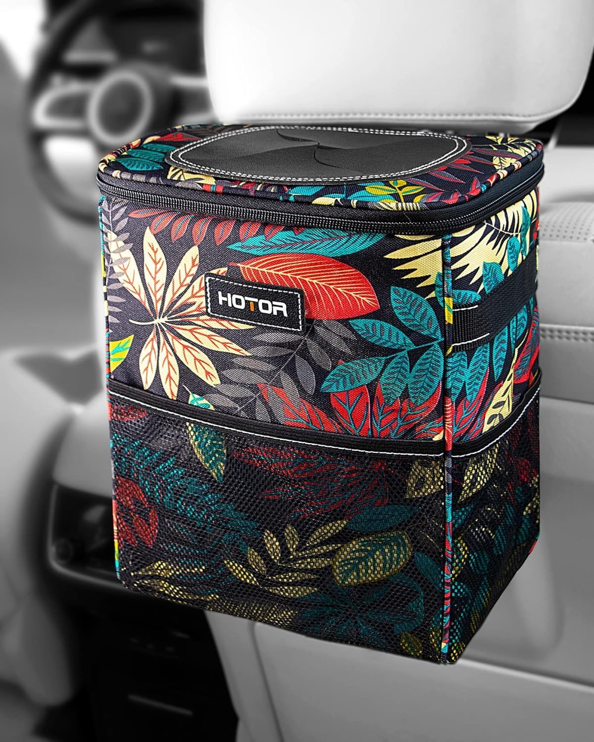 Multipurpose Trash Bin Waterproof Car Trash Can with Lid and Storage Pockets