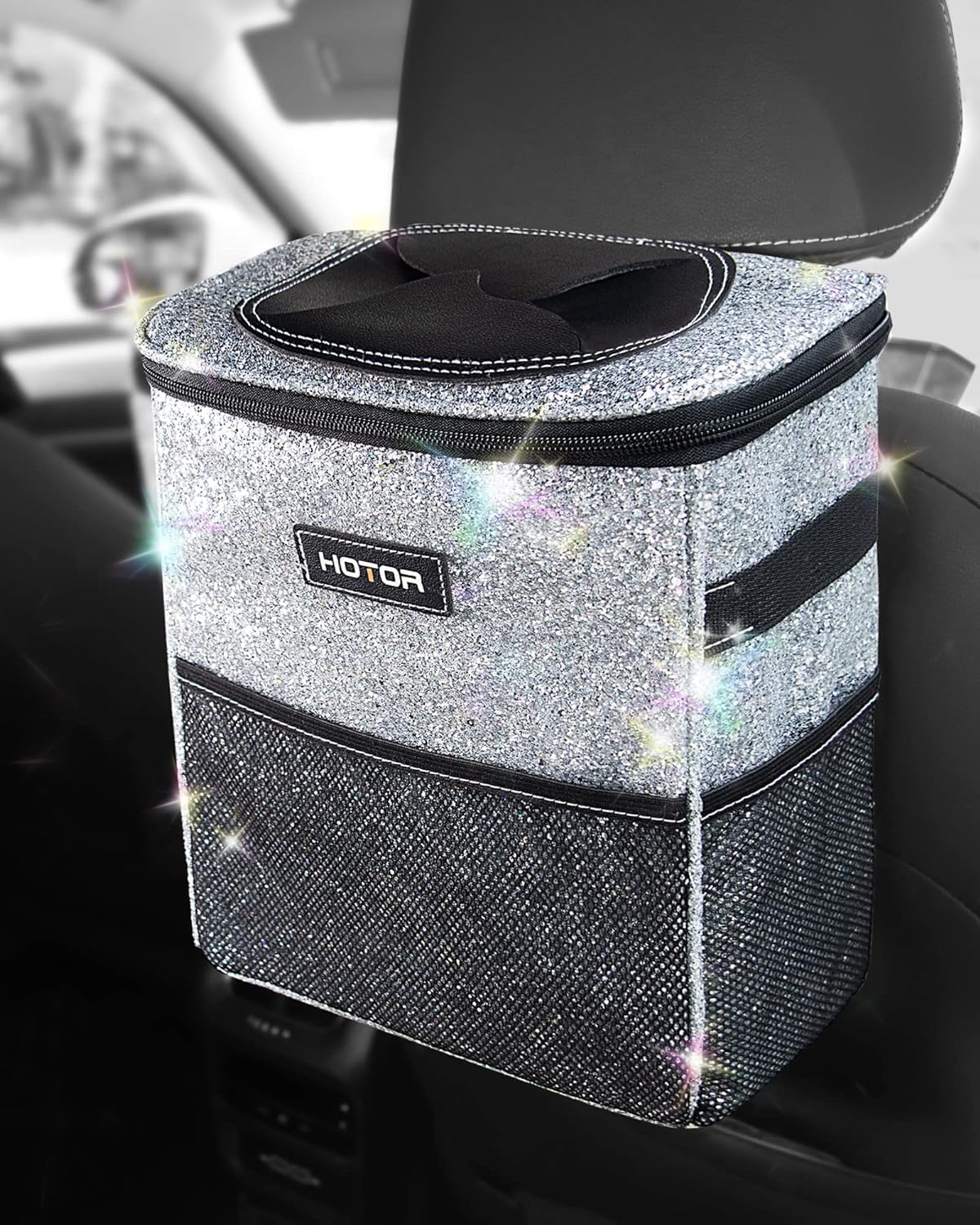 Multipurpose Trash Bin Waterproof Car Trash Can with Lid and Storage Pockets