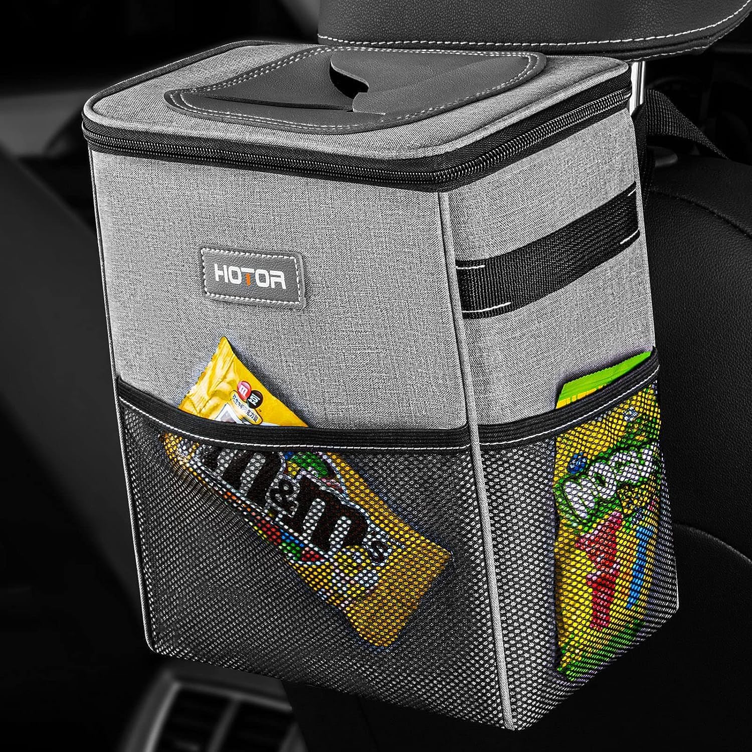 Multipurpose Trash Bin Waterproof Car Trash Can with Lid and Storage Pockets