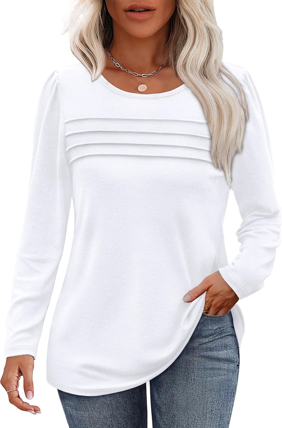 Long Sleeve Shirts for Women Dressy Casual Blouses Trendy Pleated Tunic Tops - Picture 25 of 144